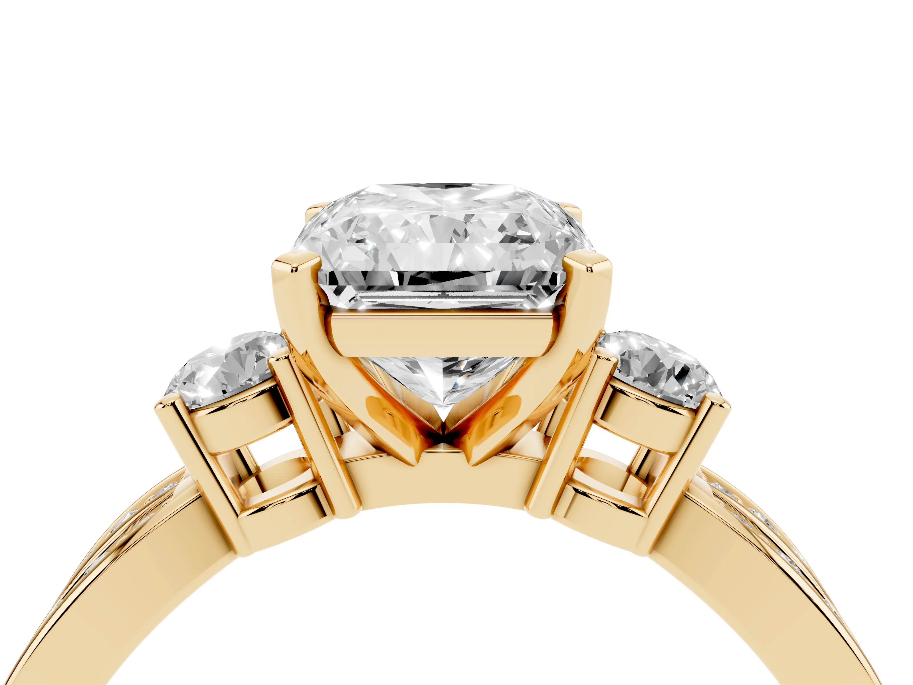 Three-Stone Radiant Cut Diamond Twist Band Ring Set in Yellow gold with Pavé Accents and Prong Setting