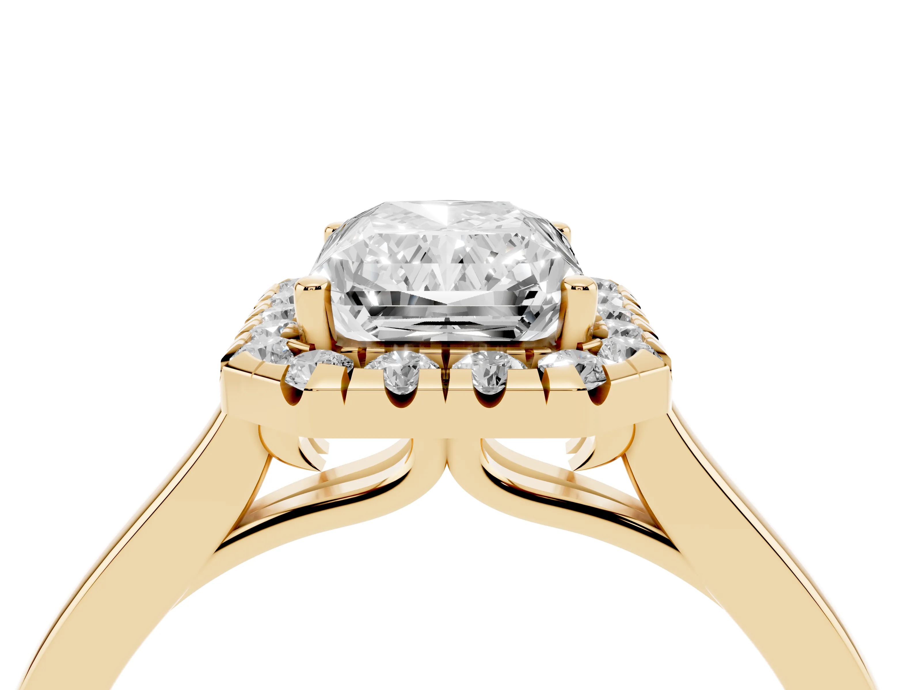 Radiant Cut Halo Round Diamond Solitaire Ring Set in Yellow gold with Pavé Band and Prong Setting