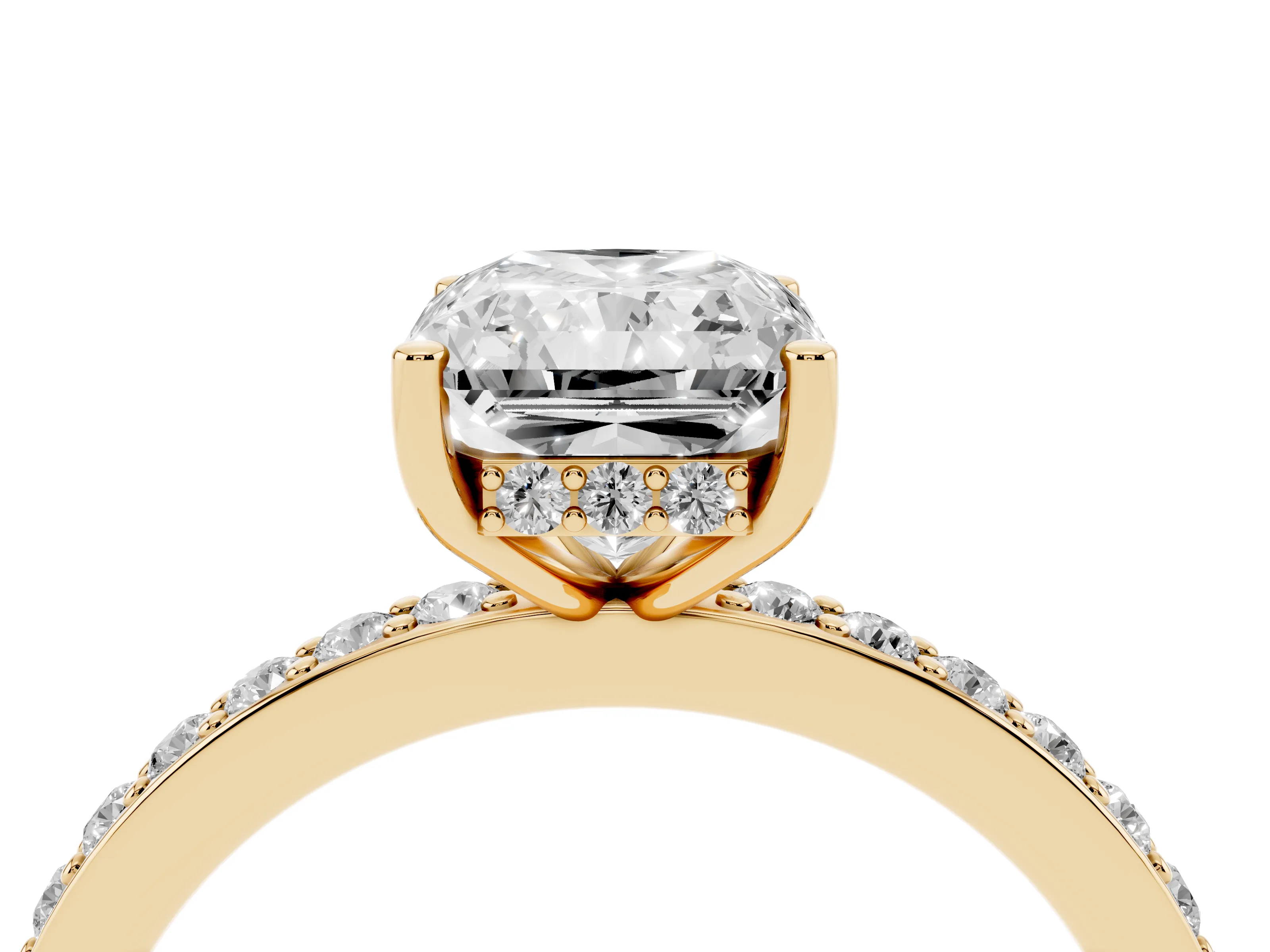 Radiant Cut Diamond Pavé Band Ring Set in Yellow gold with Prong-Set Center Stone