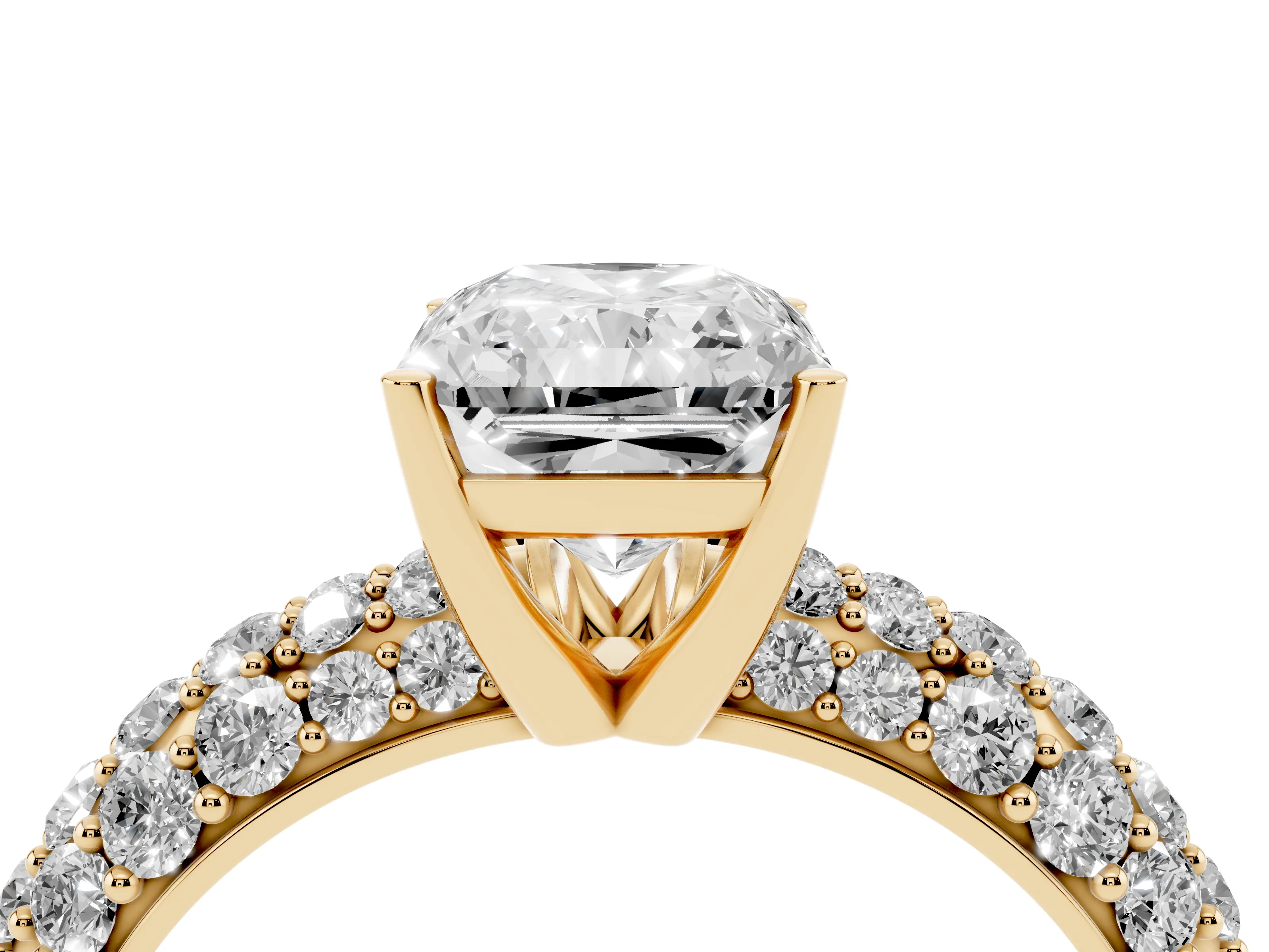 Radiant Cut Diamond Pavé Band Solitaire Ring Set in Yellow gold with Close-Set Accent Stones and Prong Setting