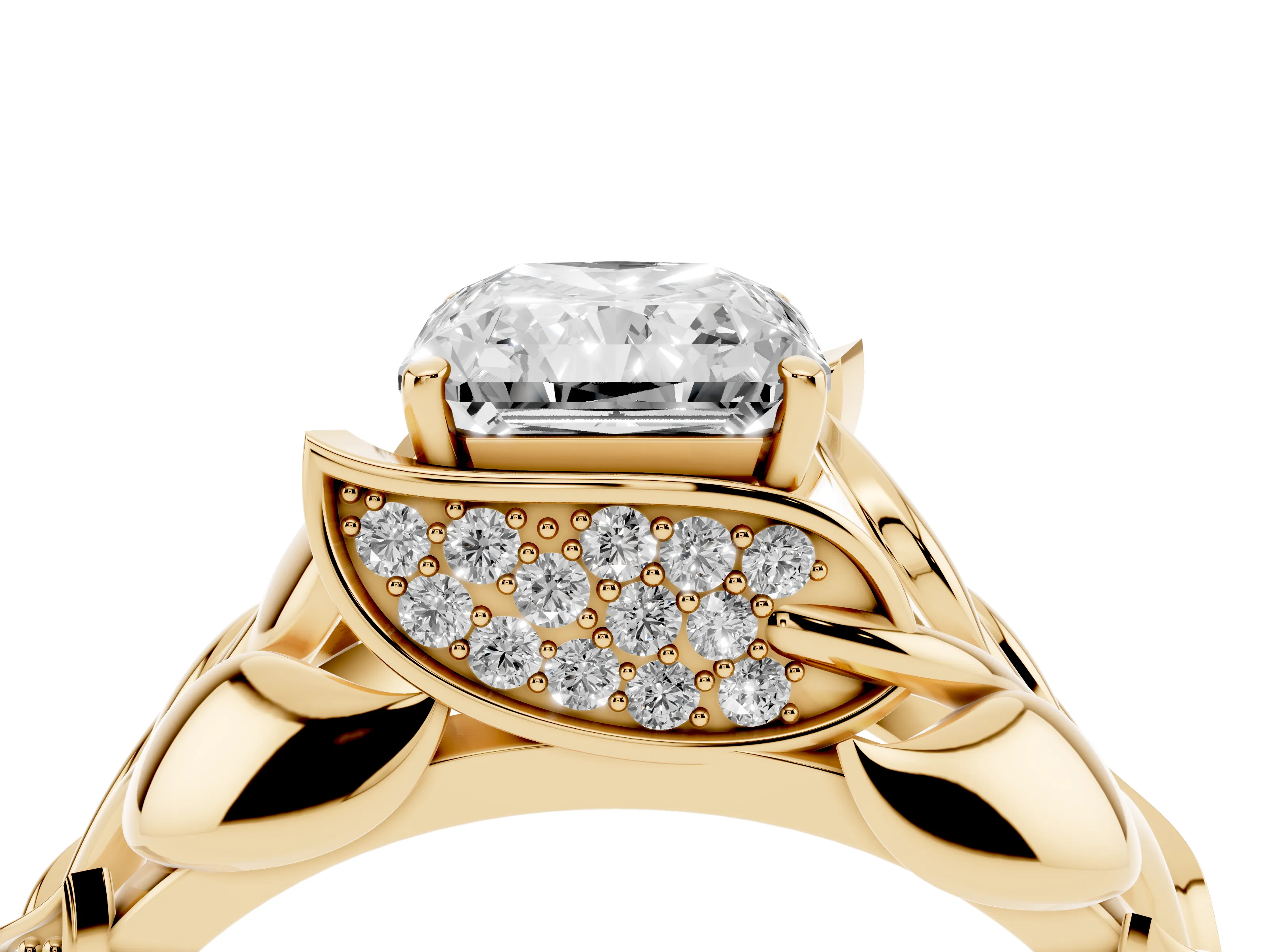 Radiant Cut Diamond Leaf-Inspired Engagement Ring Set in Yellow gold with Round Accents
