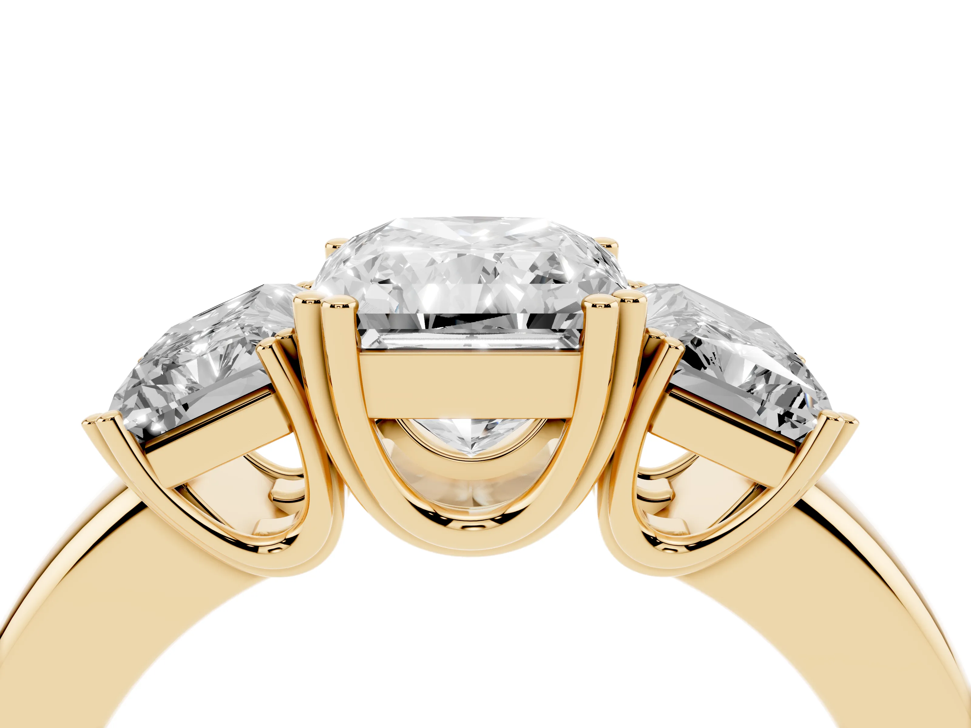 Radiant Cut Diamond Three-Stone Ring Set in Yellow gold with Polished Channel-Set Band