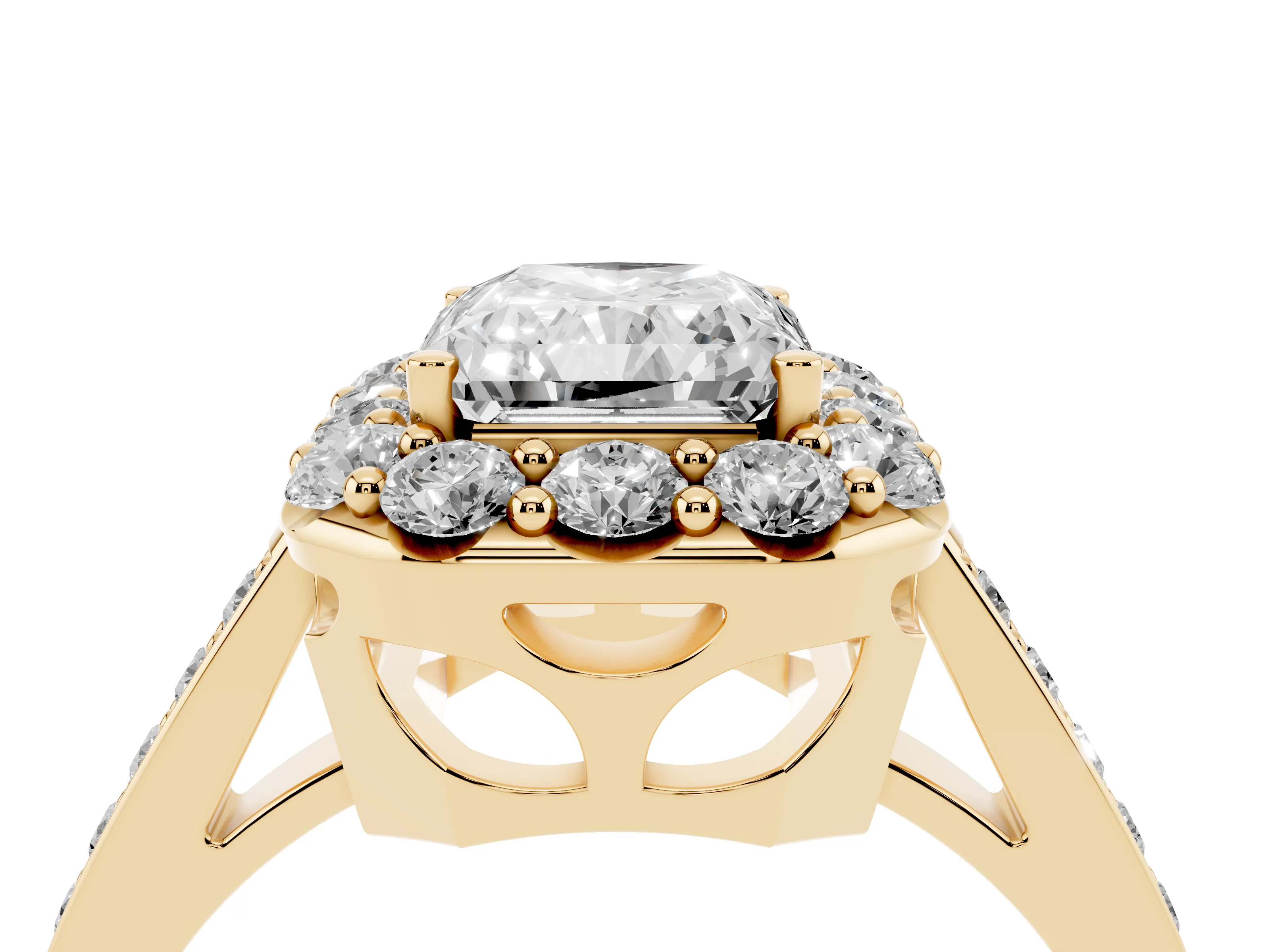 Radiant Cut Diamond Floral Halo Ring Set in Yellow gold with Pavé Band and Prong Setting