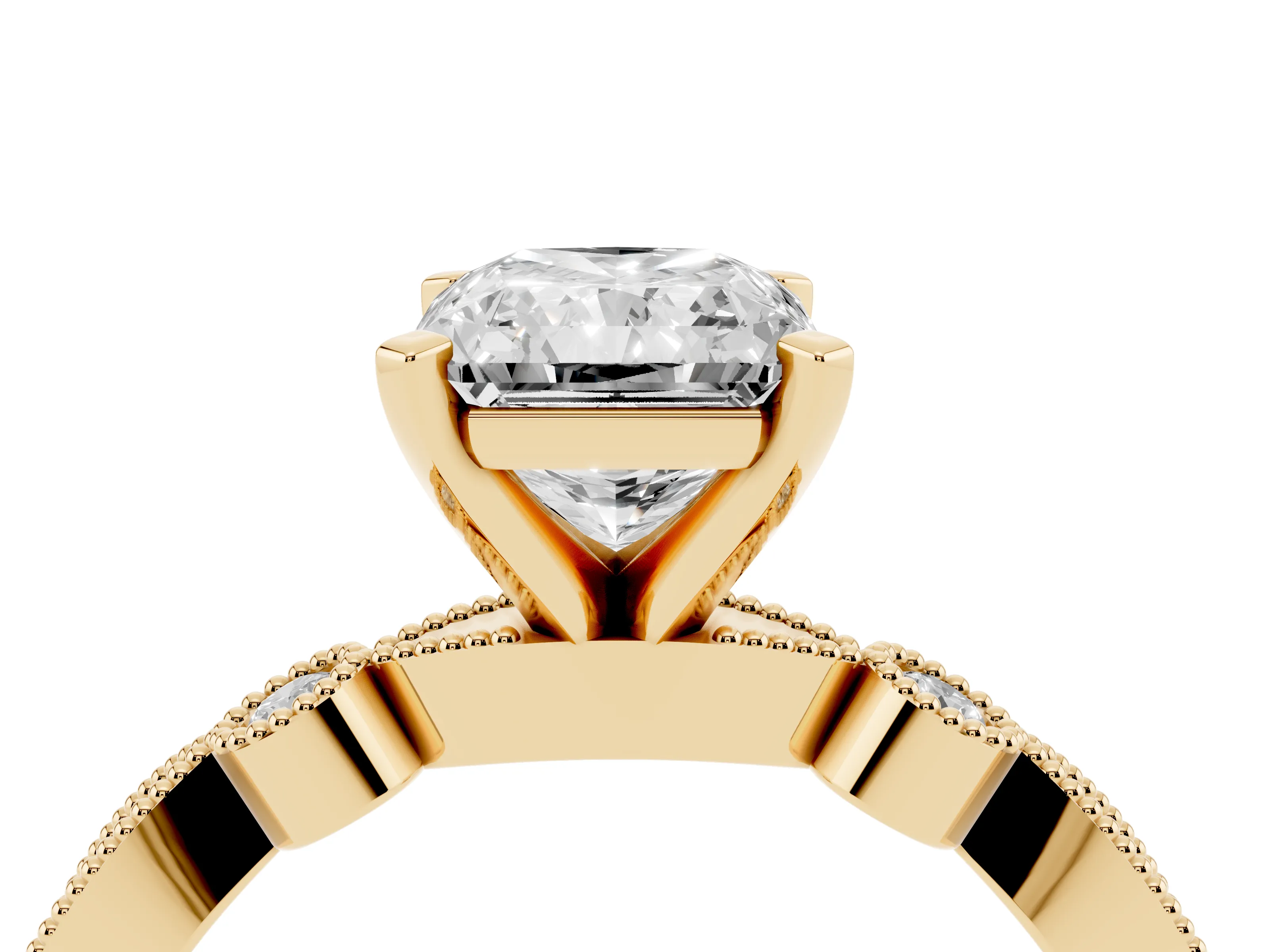 Radiant Cut Diamond Solitaire Engagement Ring Set in Yellow gold with Milgrain Bezel Accent Band
