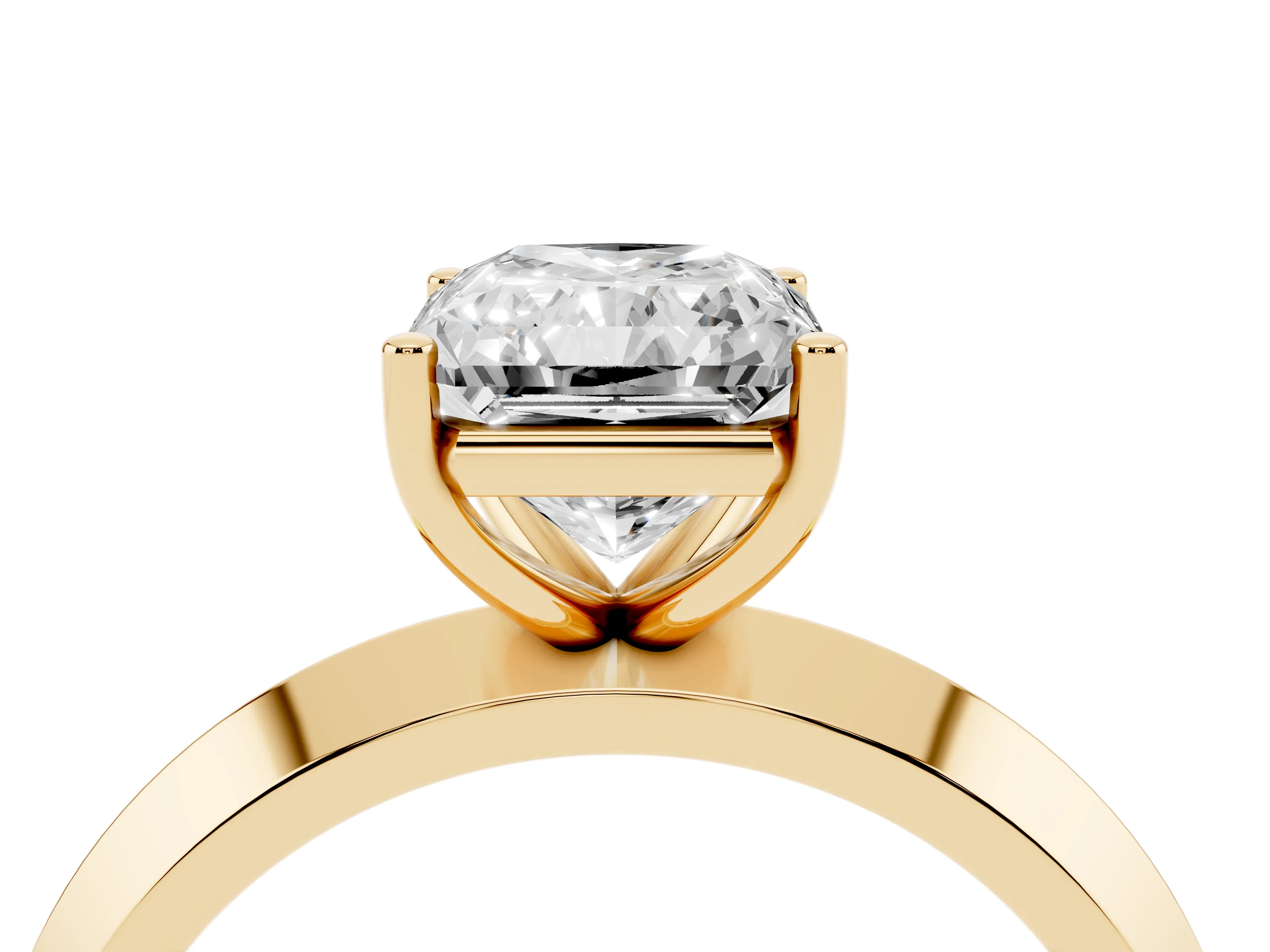 Radiant Cut Diamond Solitaire Engagement Ring Set in Yellow gold with Flat Band and Prong Setting
