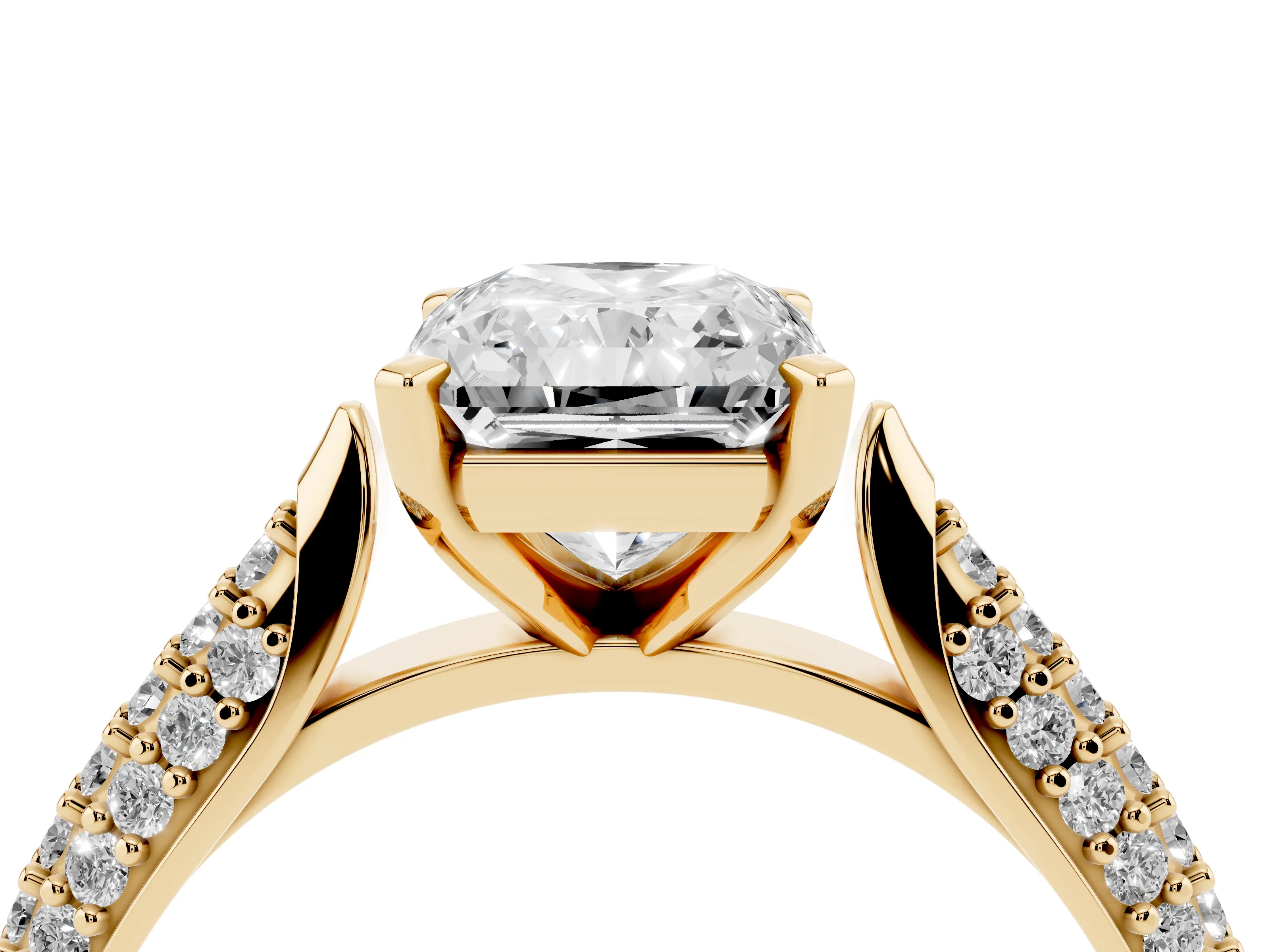 Radiant Cut Diamond Solitaire Engagement Ring Set in Yellow gold with Multi-Row Round Pavé Band and Prong Setting