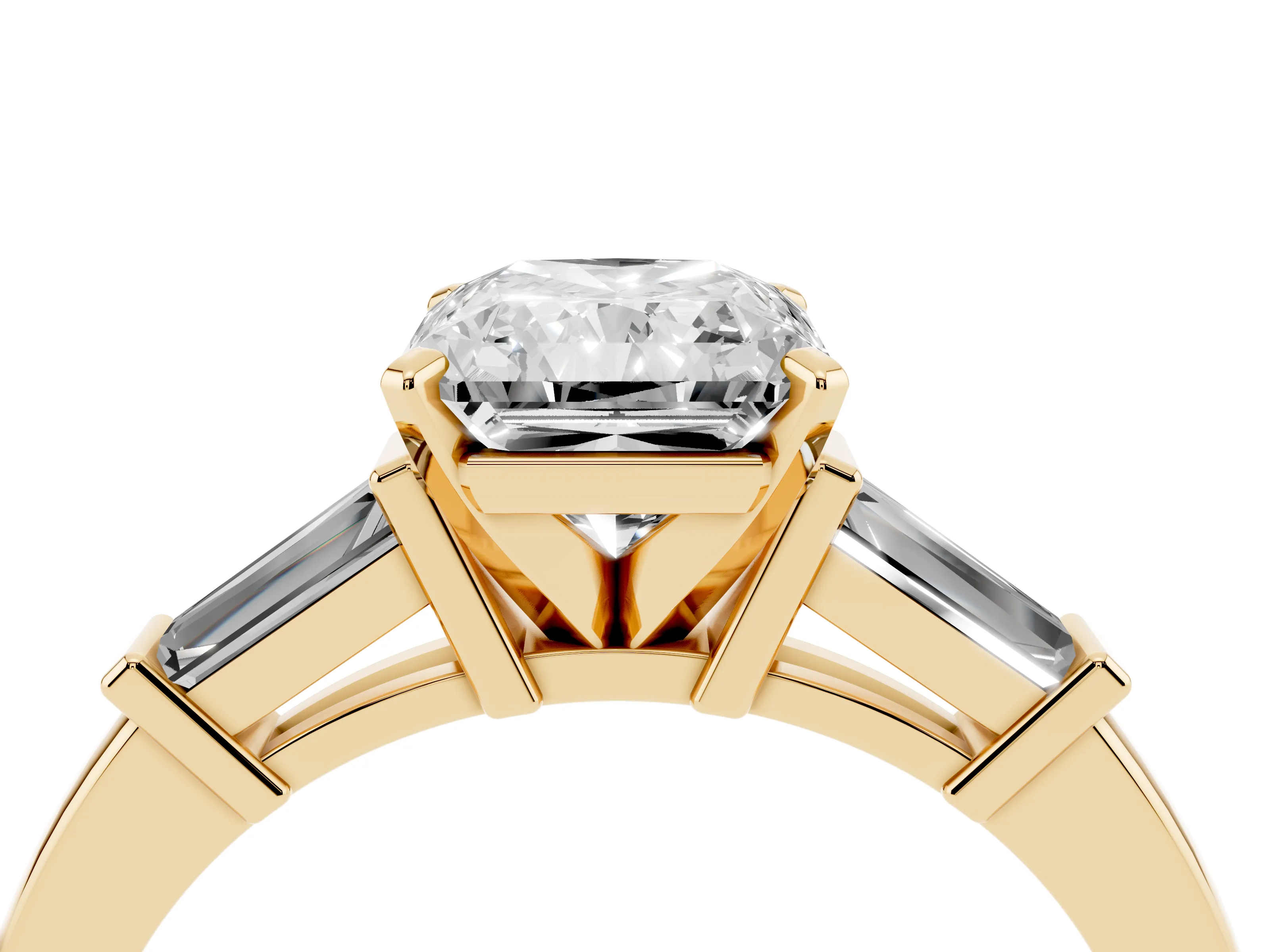 Radiant Cut Diamond Solitaire Ring Set in Yellow gold with Tapered Baguette Accents and Prong Setting