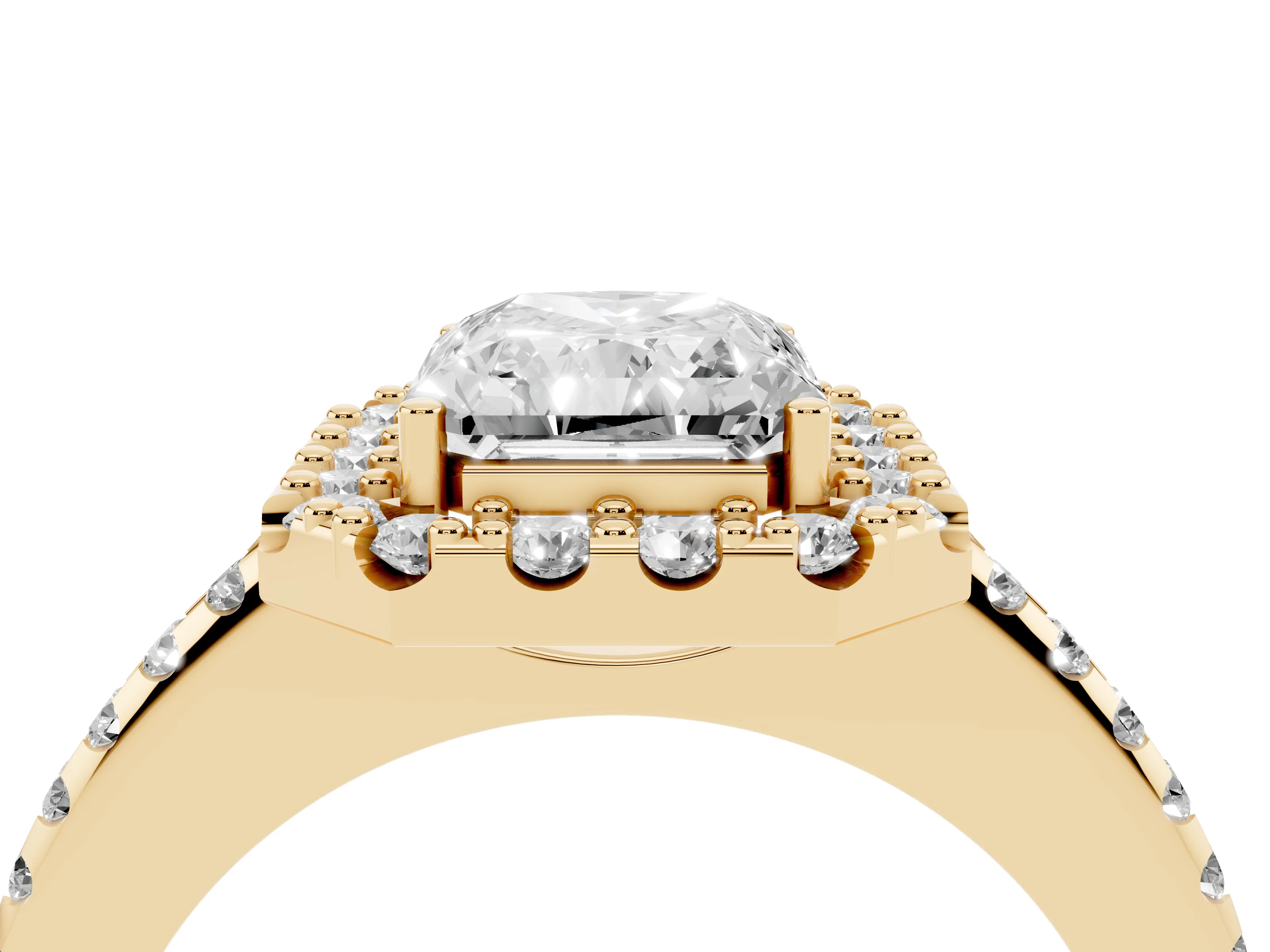 Radiant Cut Diamond Pavé Halo Ring Set in Yellow gold with Prong Setting