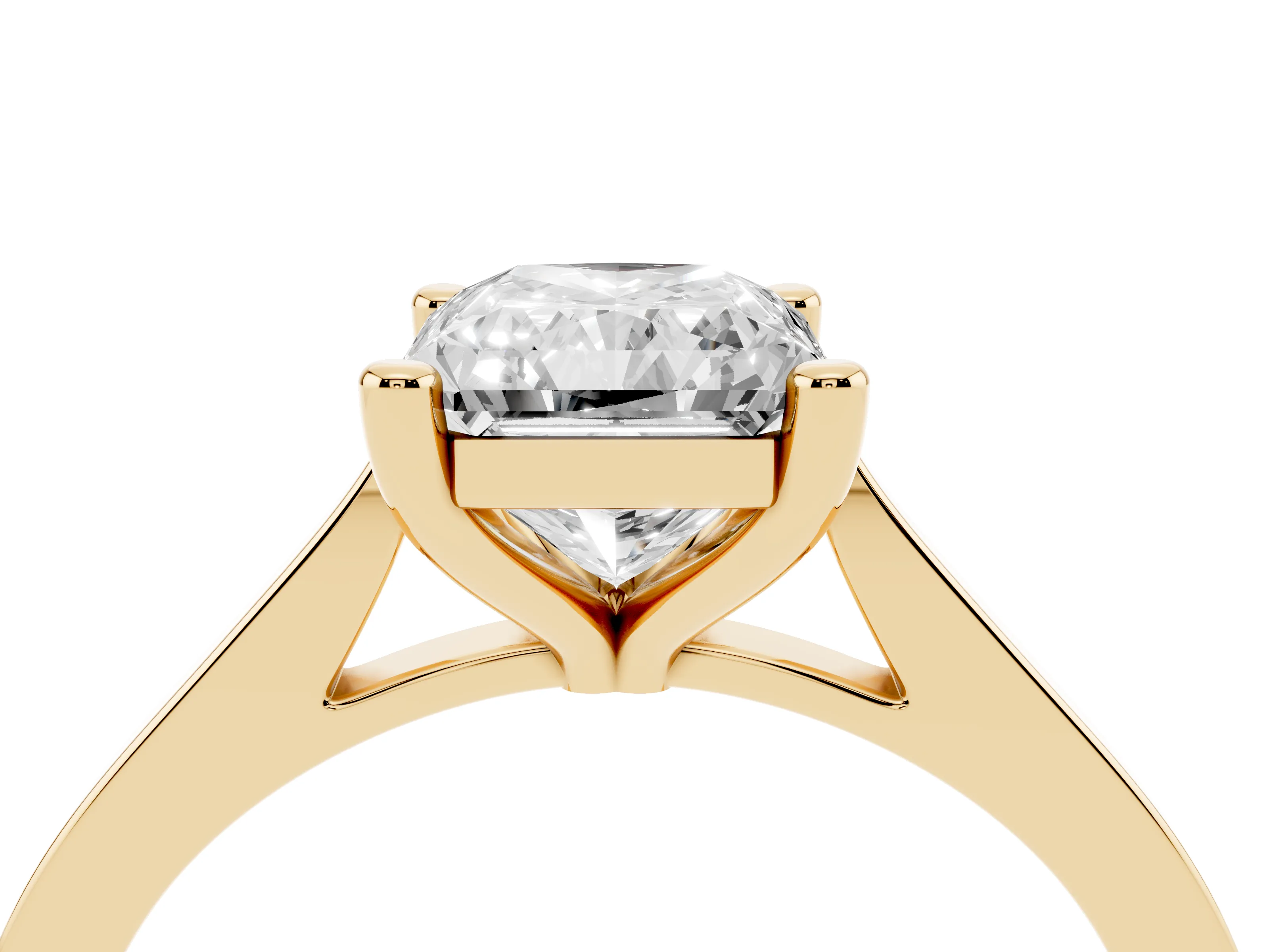 Radiant Cut Diamond Solitaire Ring Set in Yellow gold with Prong Setting and Tapered Band