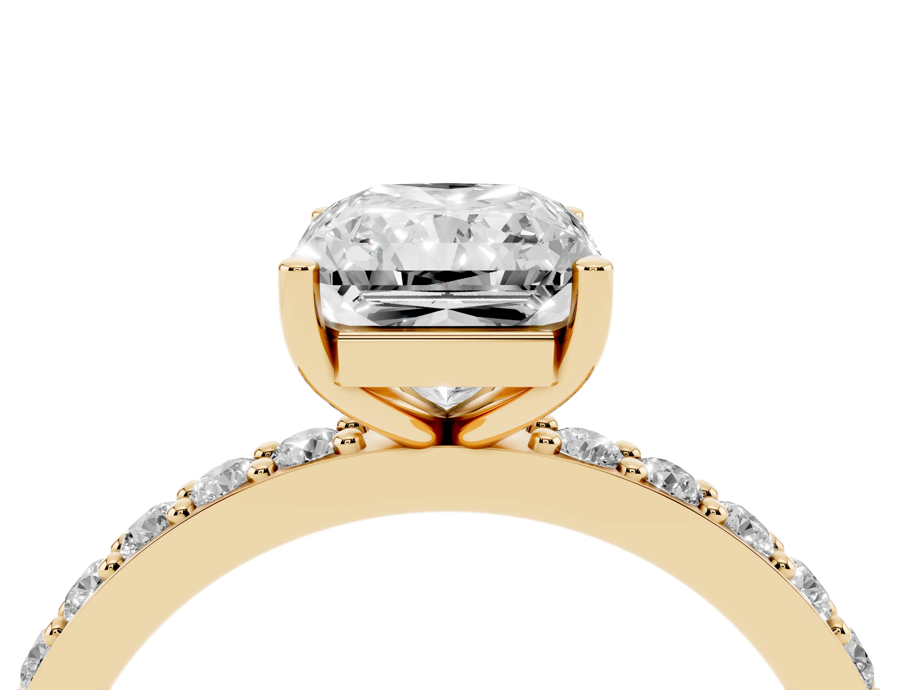 Radiant Cut Diamond Solitaire Set in Yellow gold with Round Pavé Band and Prong Setting