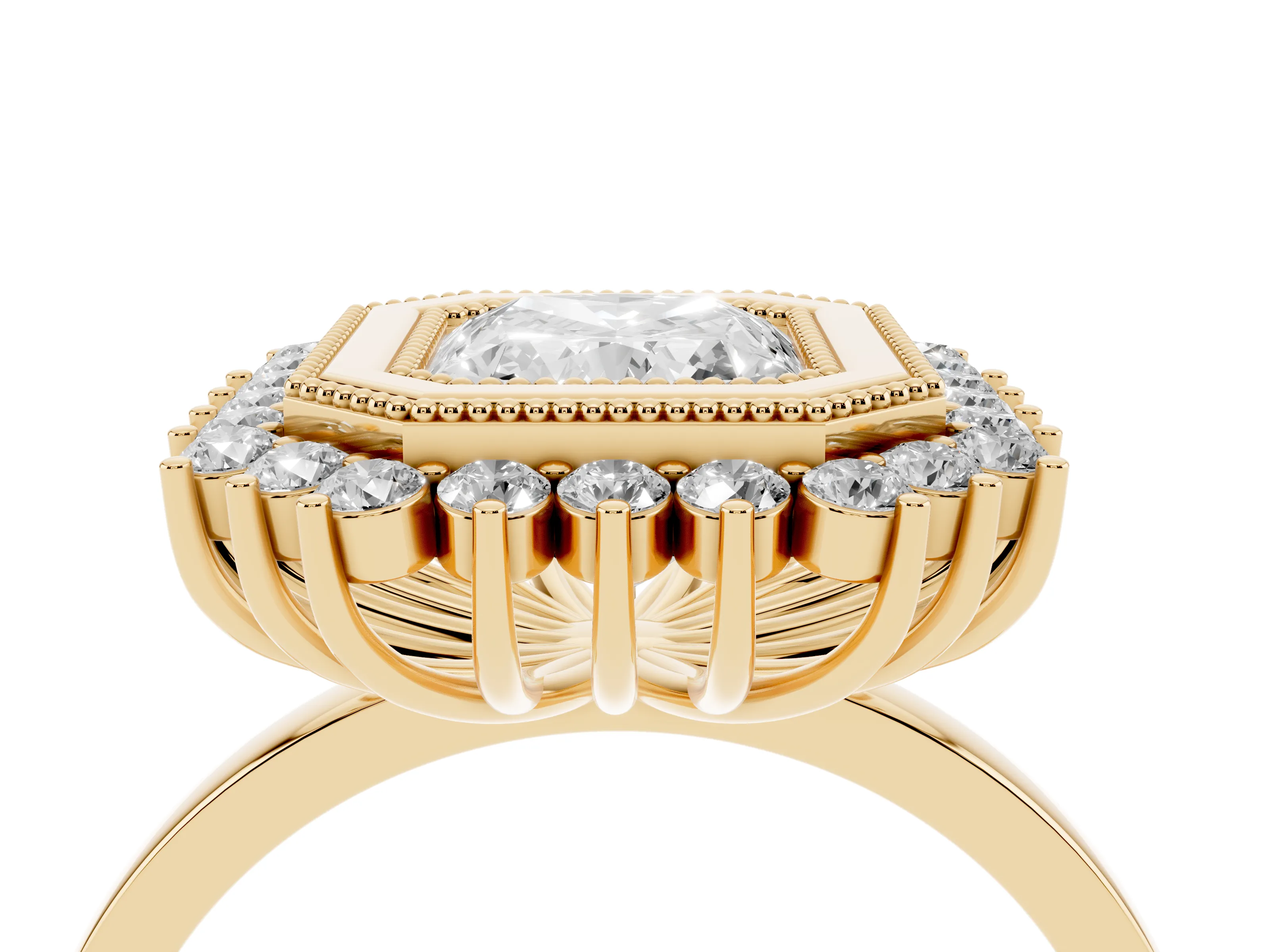 Radiant Cut Diamond Halo Ring Set in Yellow gold with Milgrain Edge and Round Prong Setting