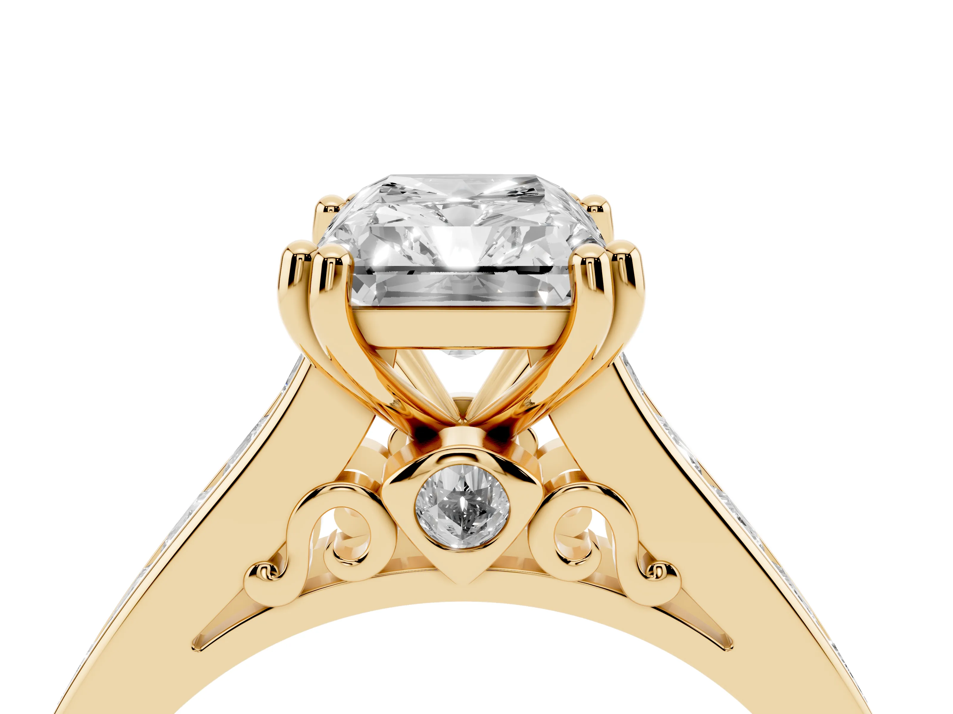Radiant Cut Diamond Channel Set Solitaire Engagement Ring Set in Yellow gold with Prong Setting