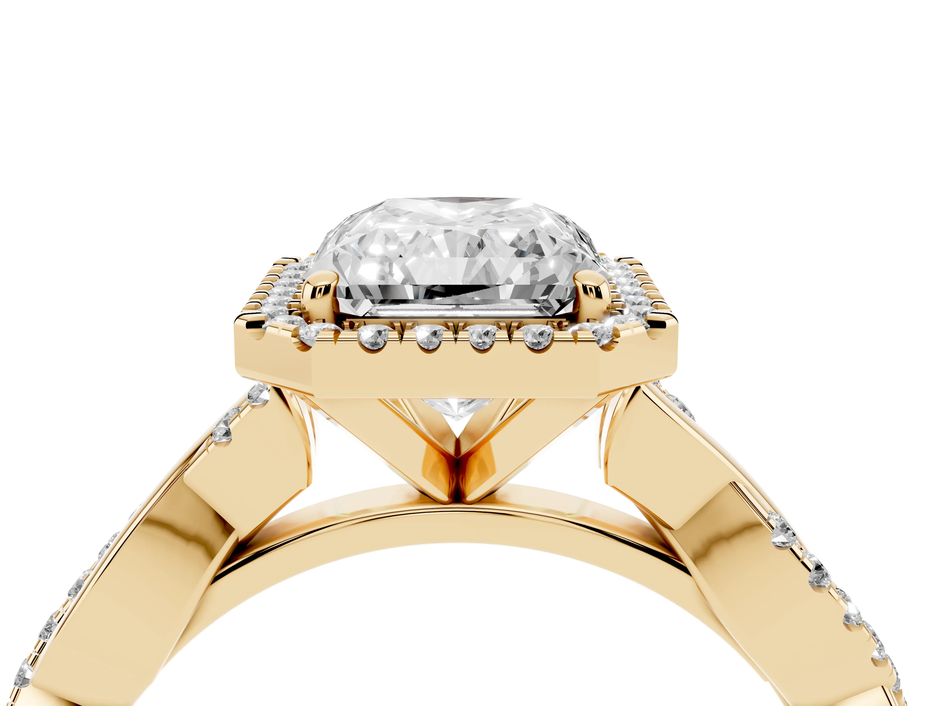 Radiant Cut Diamond Halo Twisted Band Ring Set in Yellow gold with Prong Setting