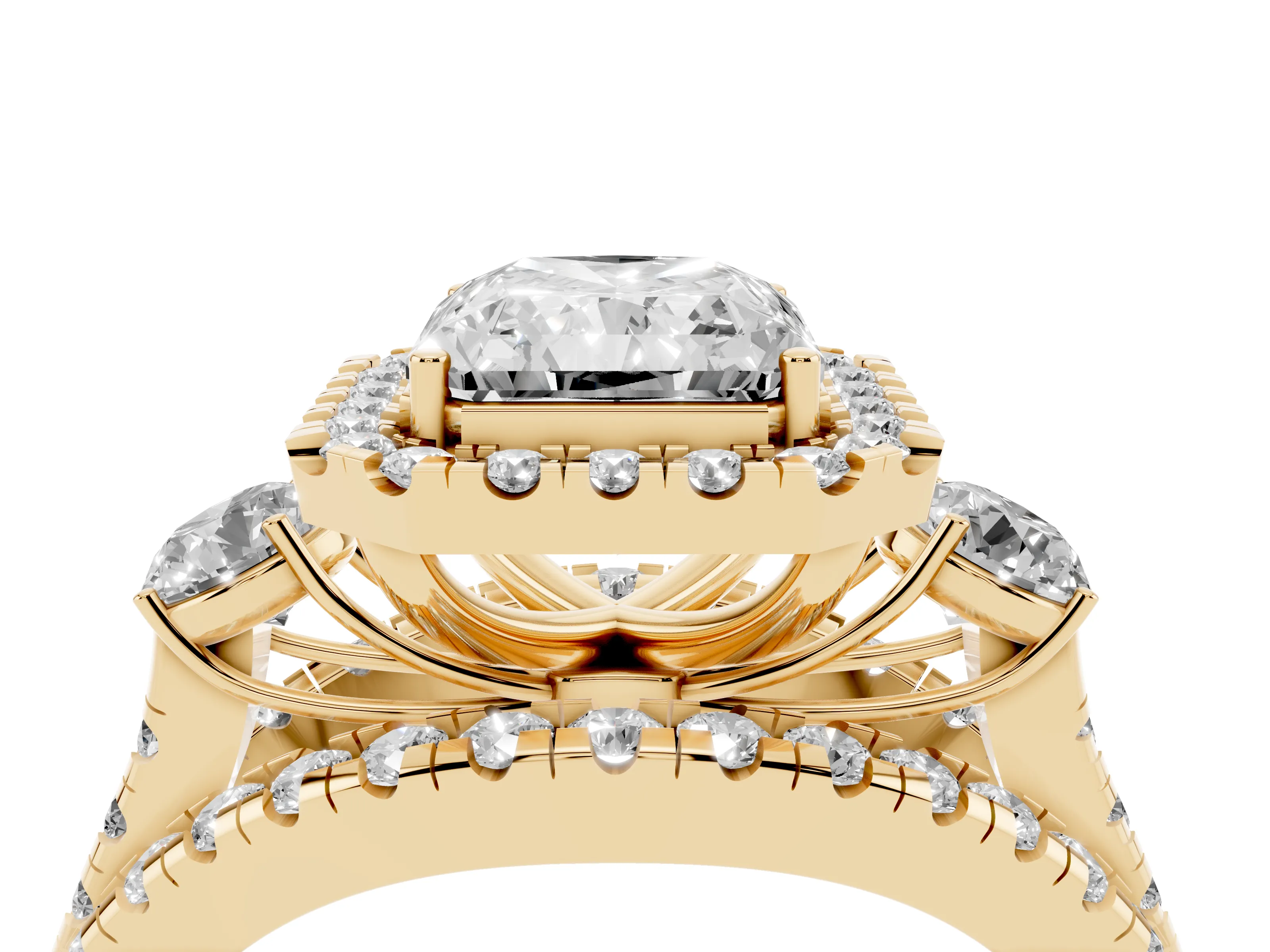 Radiant Cut Diamond Halo Split Shank Ring Set in Yellow gold with Round Accent Stones and Prong Setting