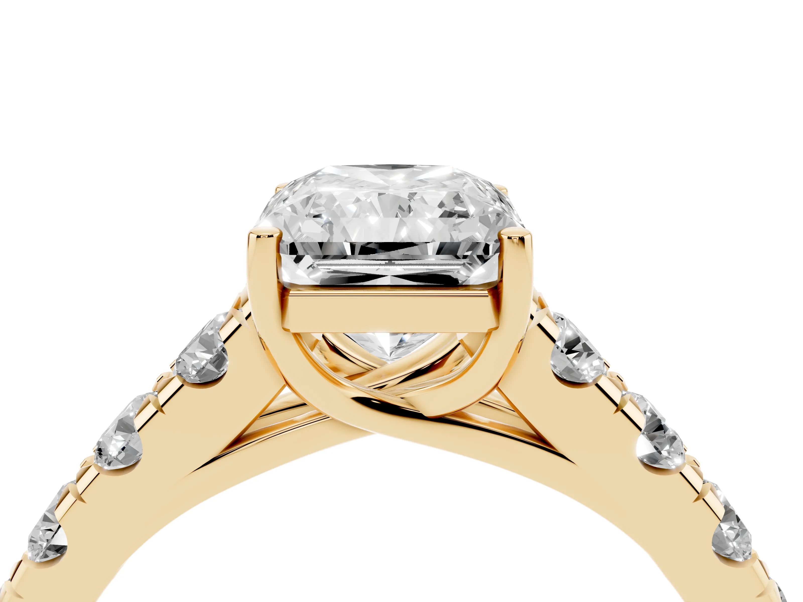 Radiant Cut Diamond Solitaire Ring Set in Yellow gold with Cut-Down Micro Pavé Band and Prong Setting
