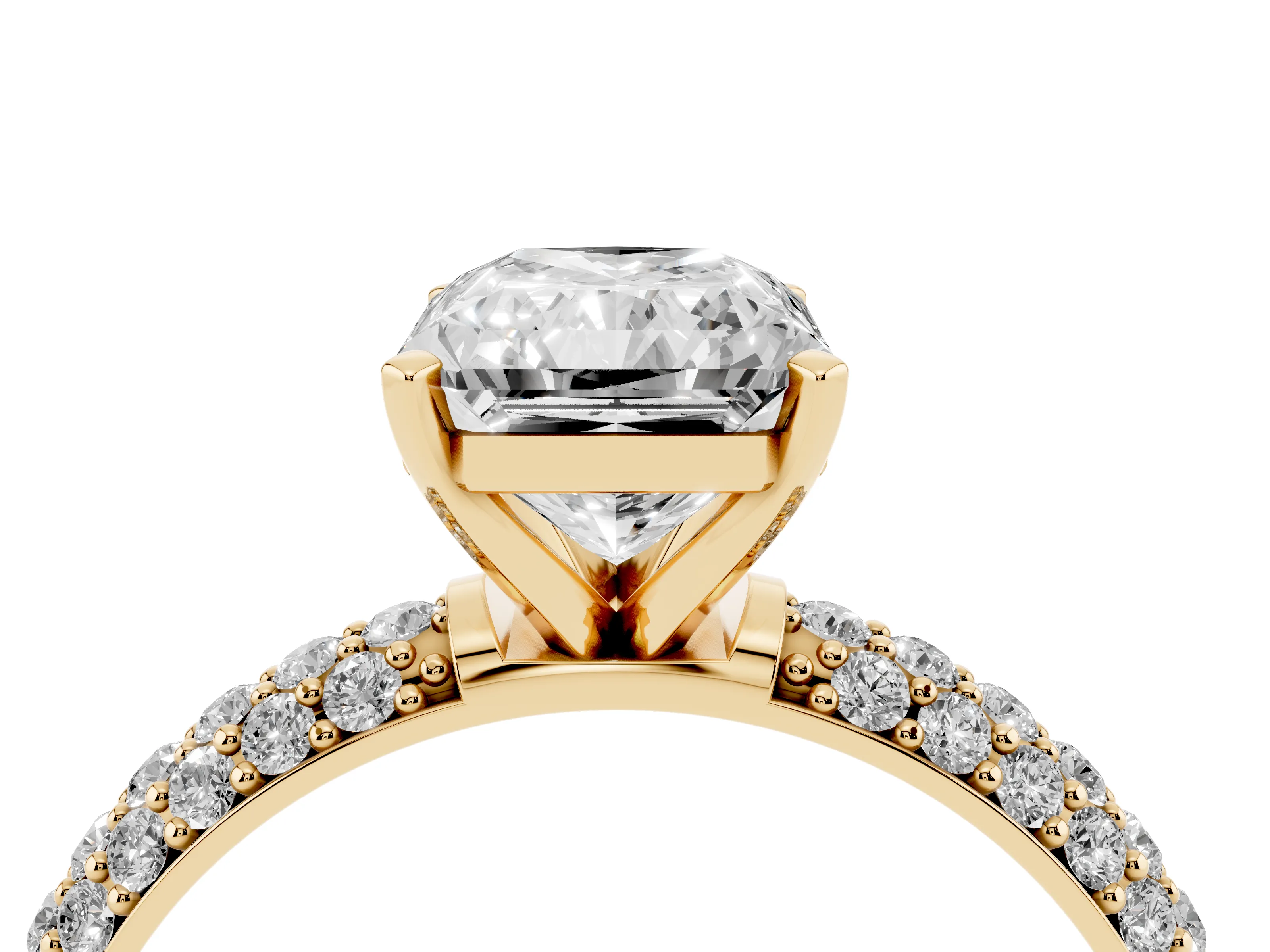 Radiant Cut Diamond Solitaire Ring Set in Yellow gold with Prong Setting and Pavé-Set Band