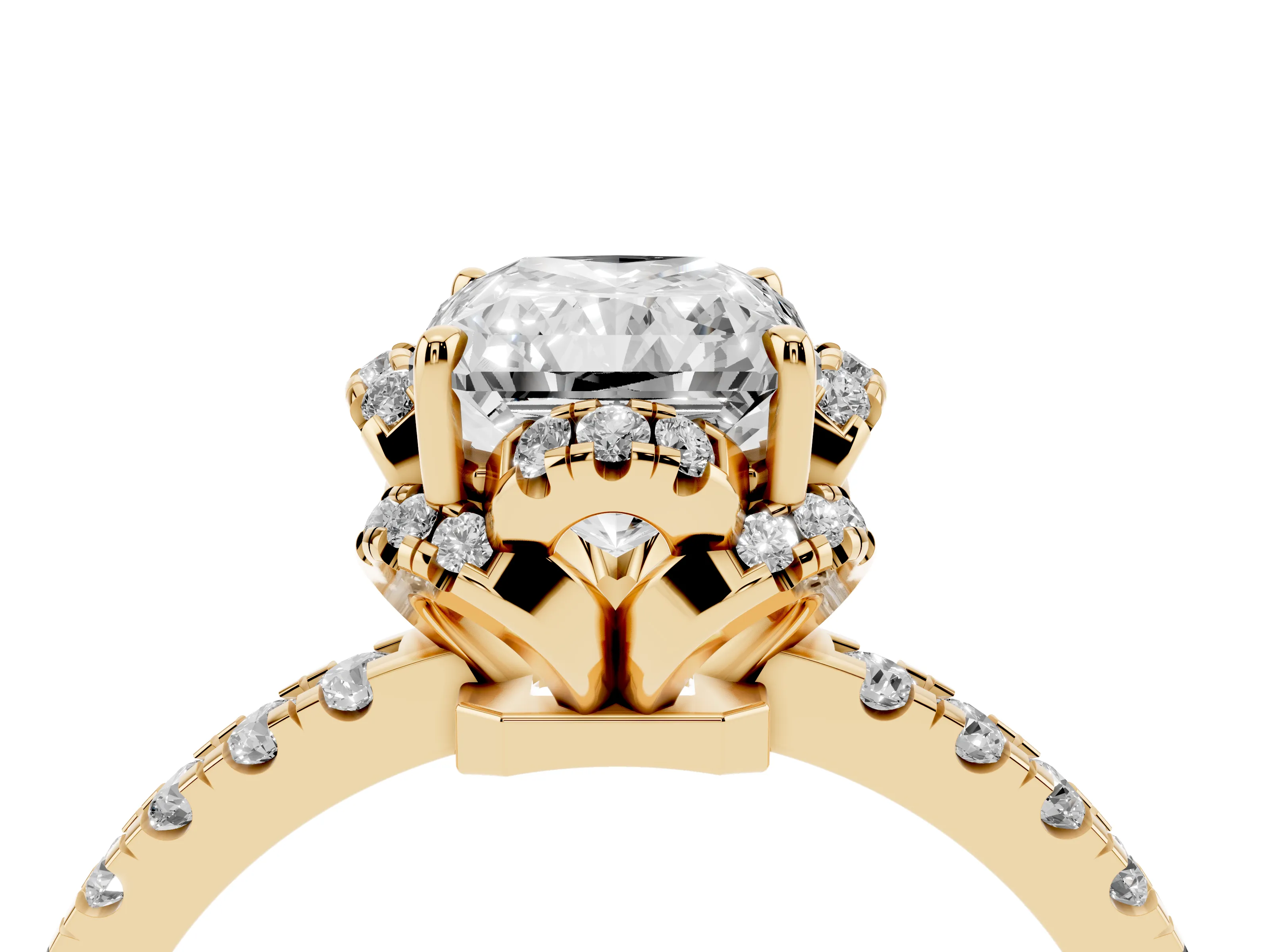Radiant Cut Diamond Halo Pavé Band Ring Set in Yellow gold with Prong-Held Center