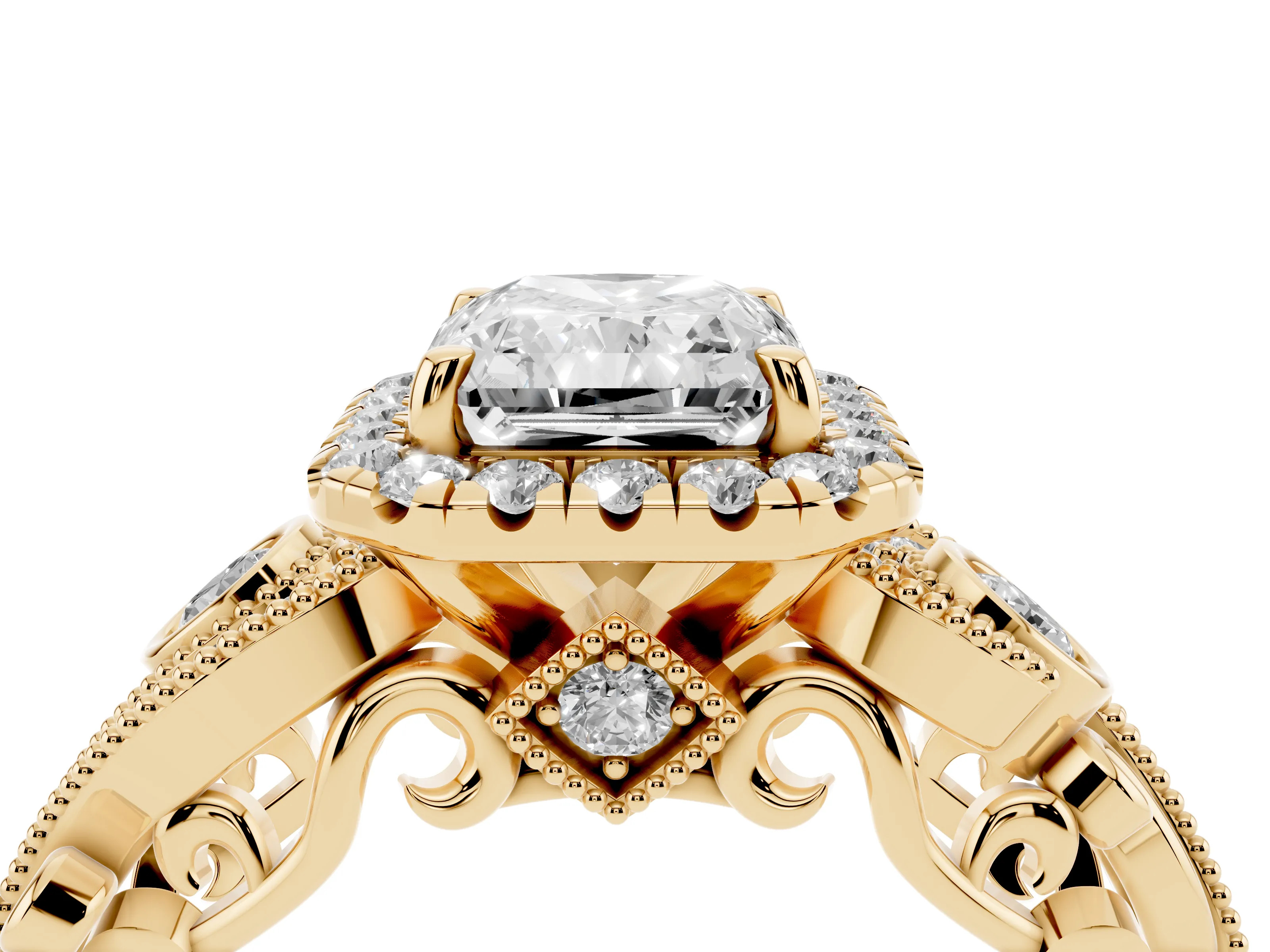 Radiant Cut Diamond Halo Ring Set in Yellow gold with Milgrain Pavé Band and Prong Setting