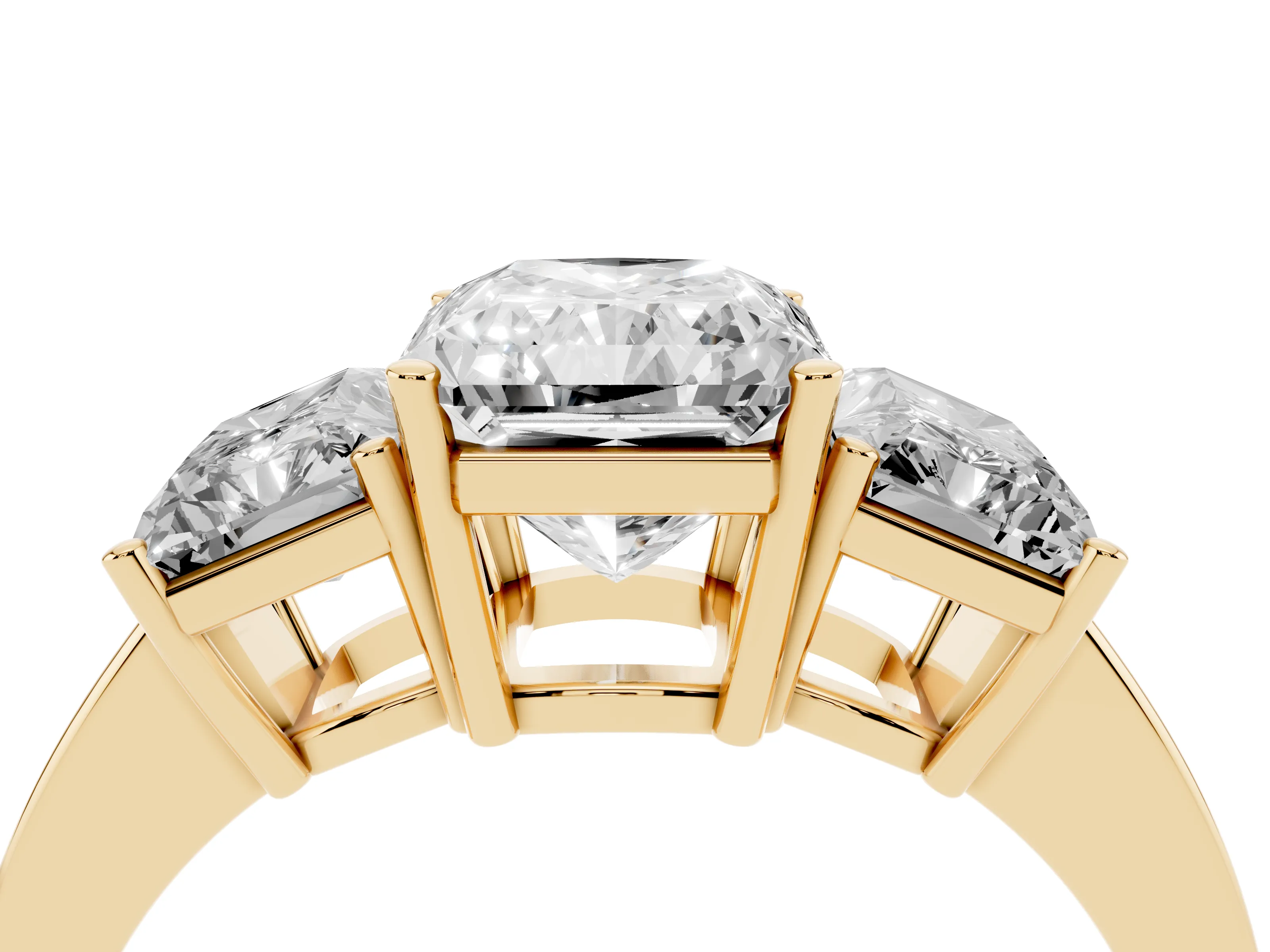 Radiant Cut Diamond Three-Stone Engagement Ring Set in Yellow gold with Flat Band