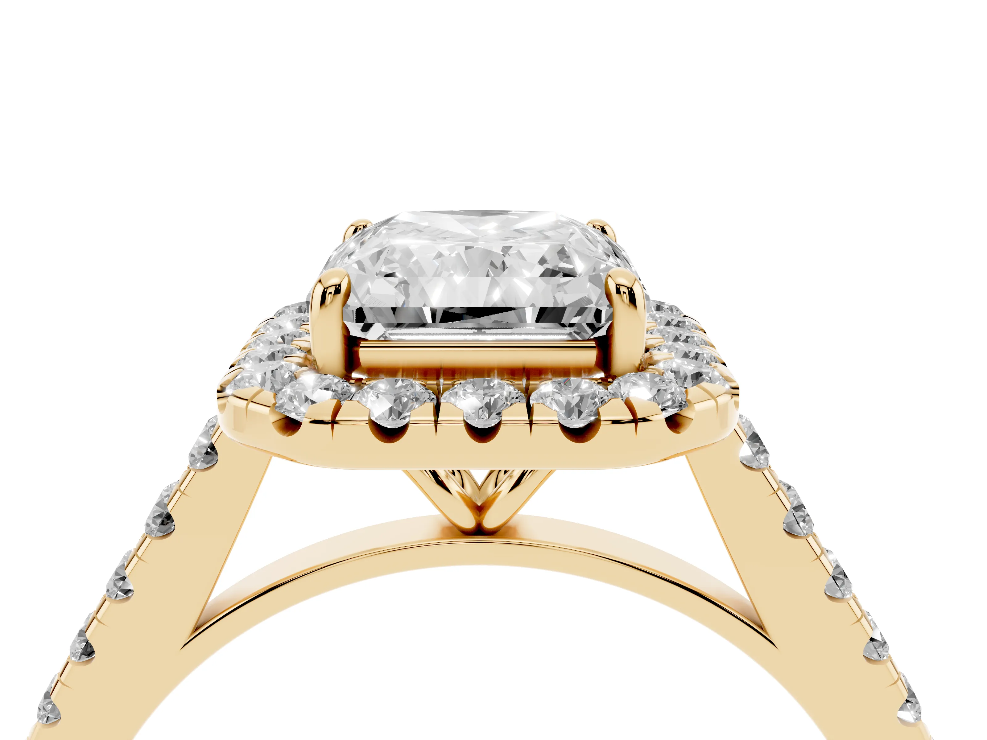 Radiant Cut Diamond Halo Pavé Engagement Ring Set in Yellow gold with Prong Setting