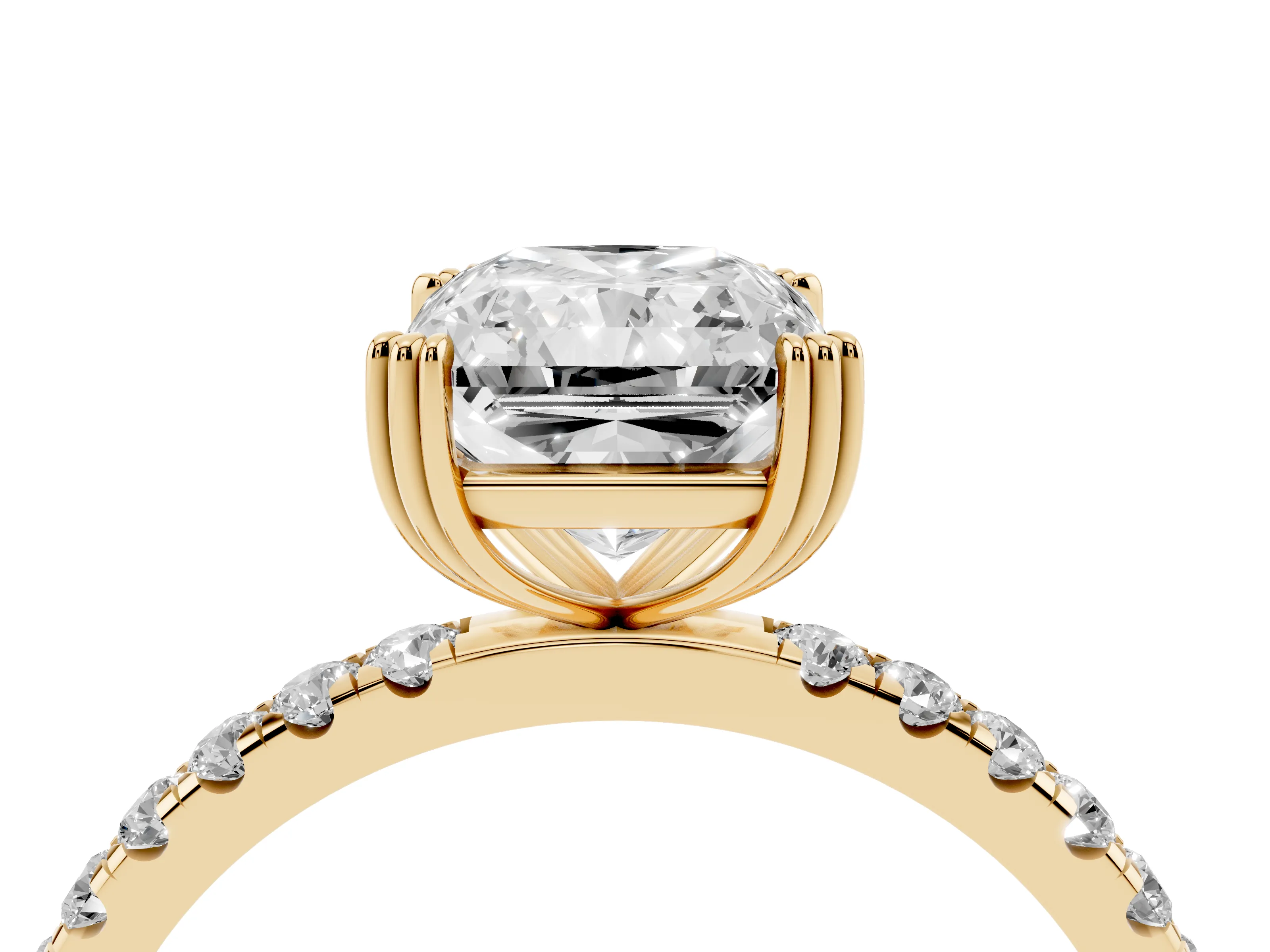 Radiant Cut Diamond Brilliant Solitaire Set in Yellow gold with Pavé Band and Claw Prong Setting