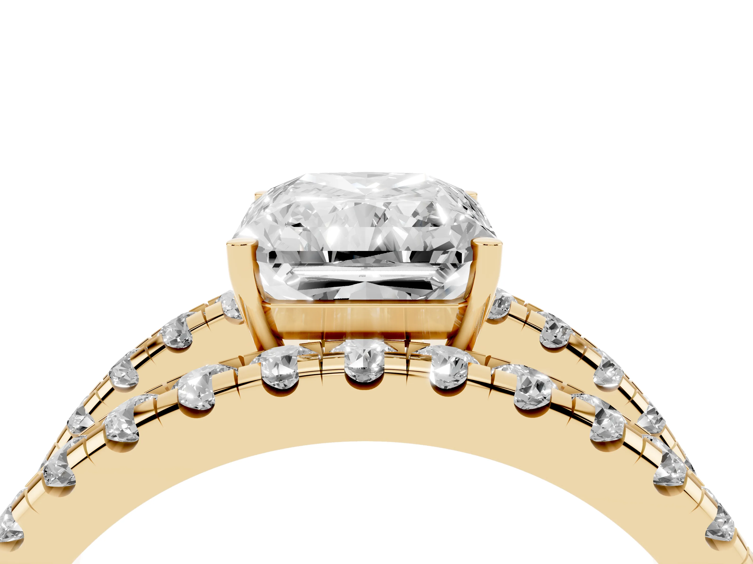 Radiant Cut Diamond Split Shank Pavé Solitaire Ring Set in Yellow gold with Open Shank Design