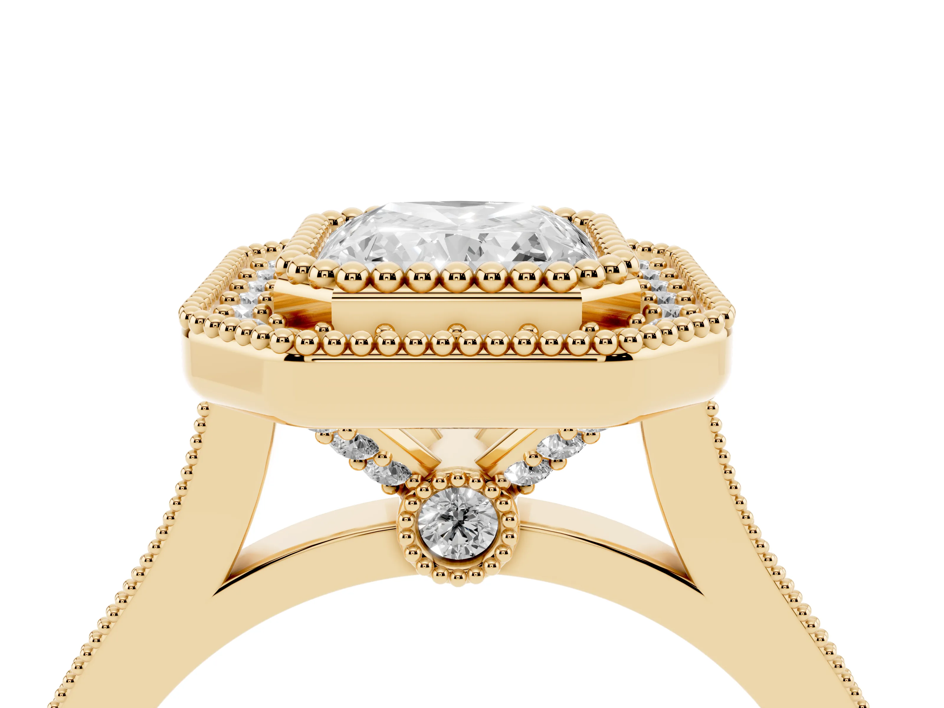 Radiant Cut Diamond Halo Ring Set in Yellow gold with Milgrain Frame and Pavé Band