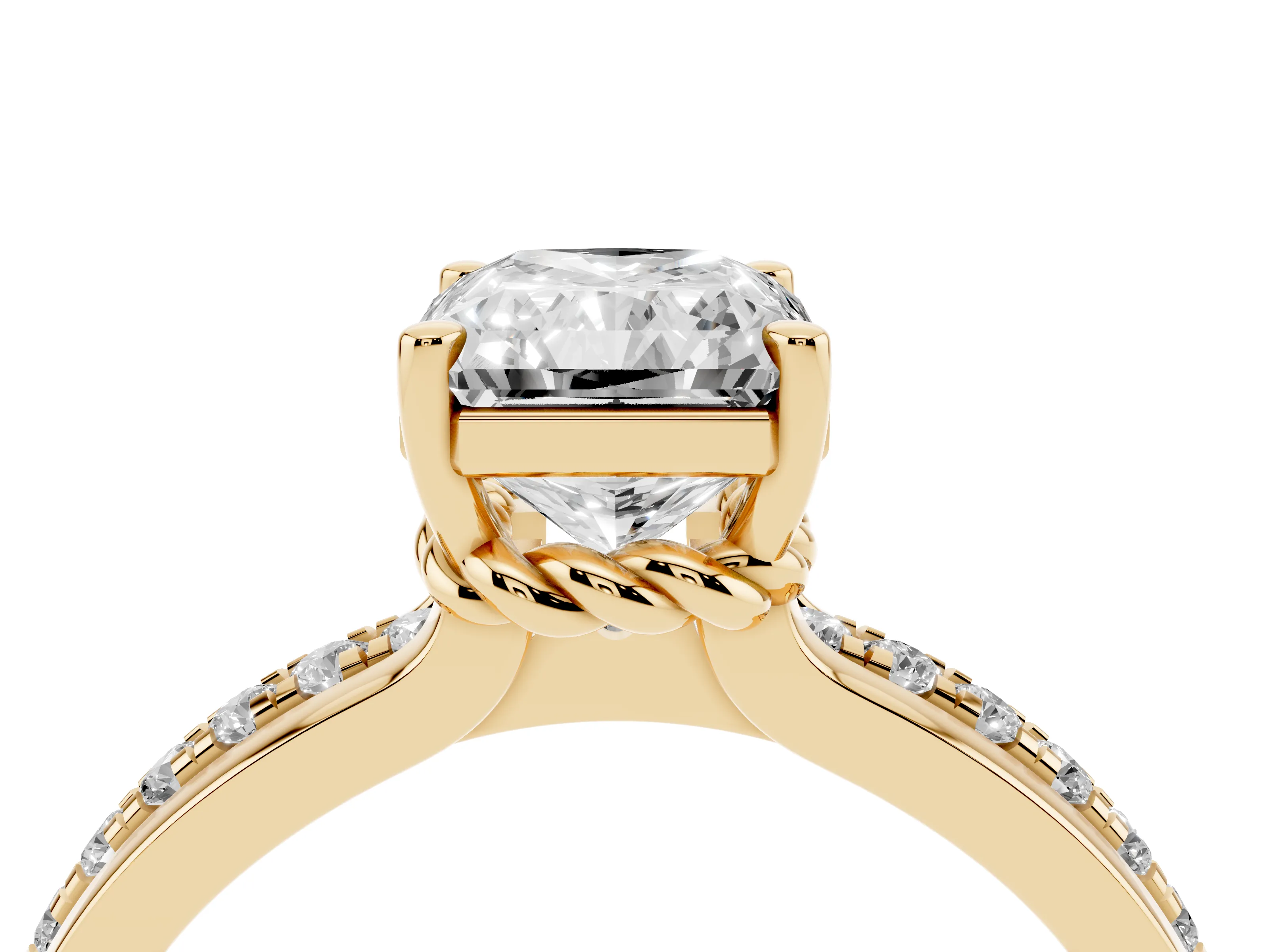 Radiant Cut Diamond Solitaire Ring Set in Yellow gold with Channel Set Band and Prong Setting