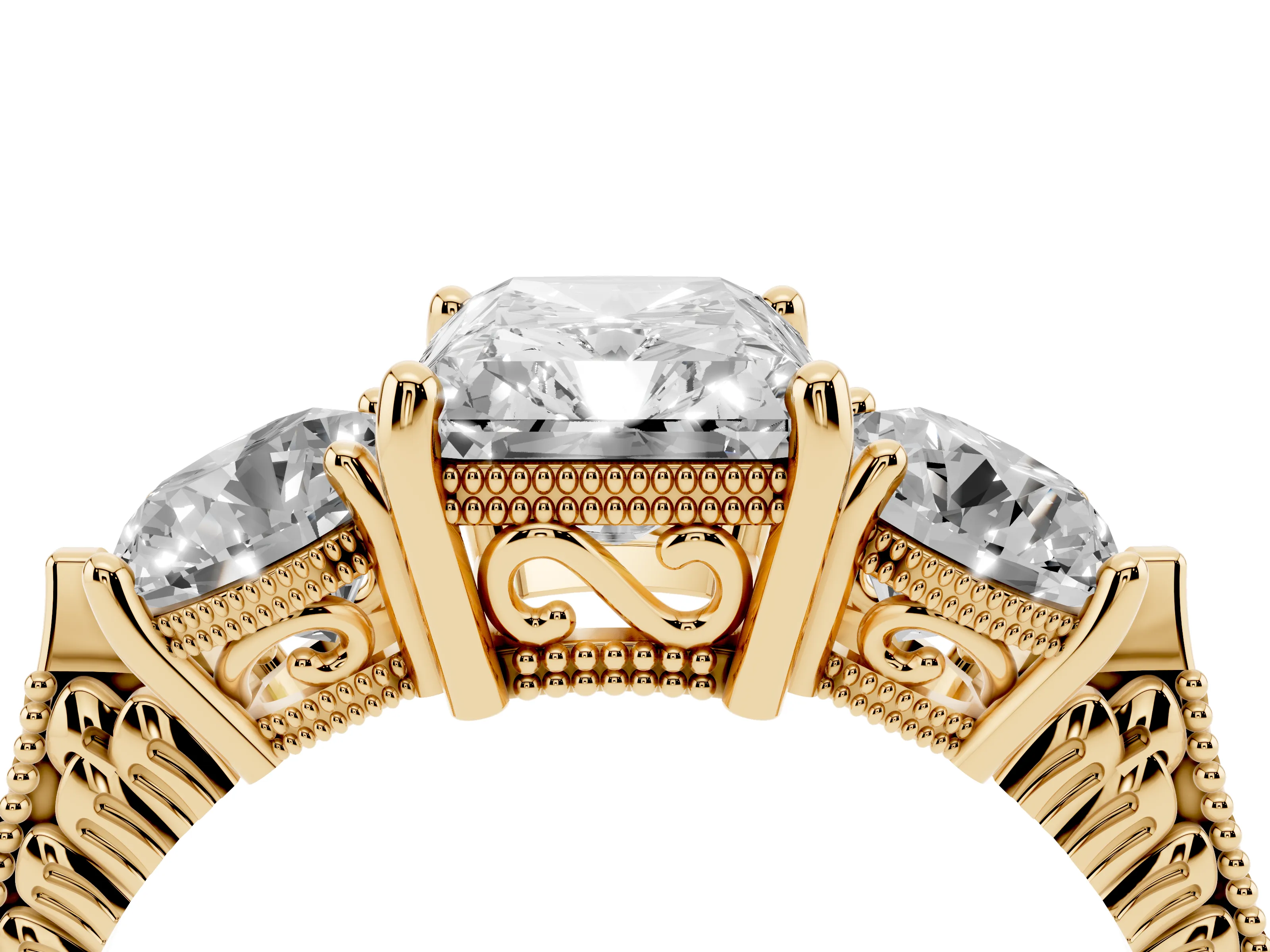 Radiant Cut Diamond Three-Stone Ring Set in Yellow gold with Milgrain Band