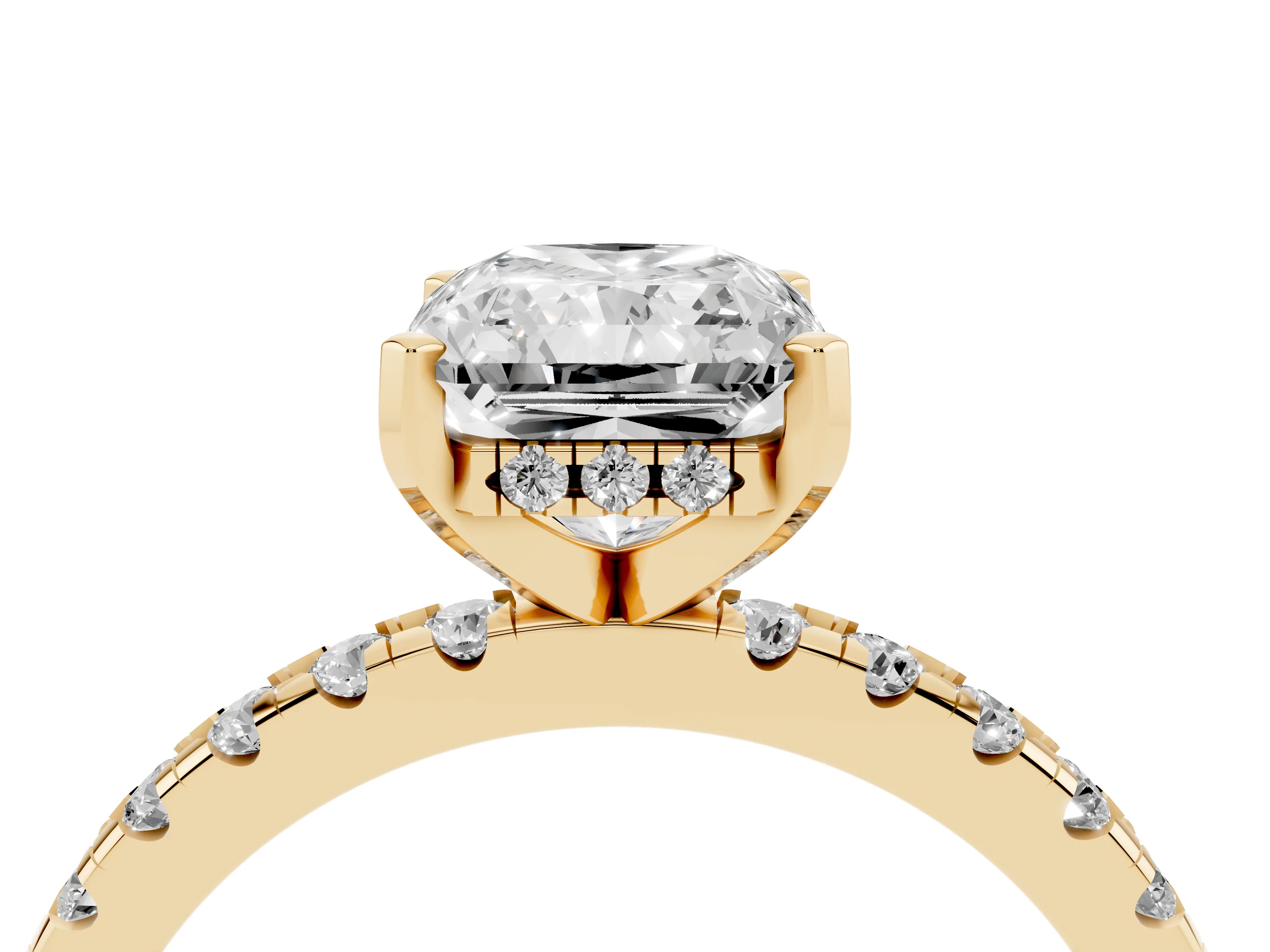 Radiant Cut Diamond Pavé Solitaire Ring Set in Yellow gold with Round Band Accents and Prong Setting
