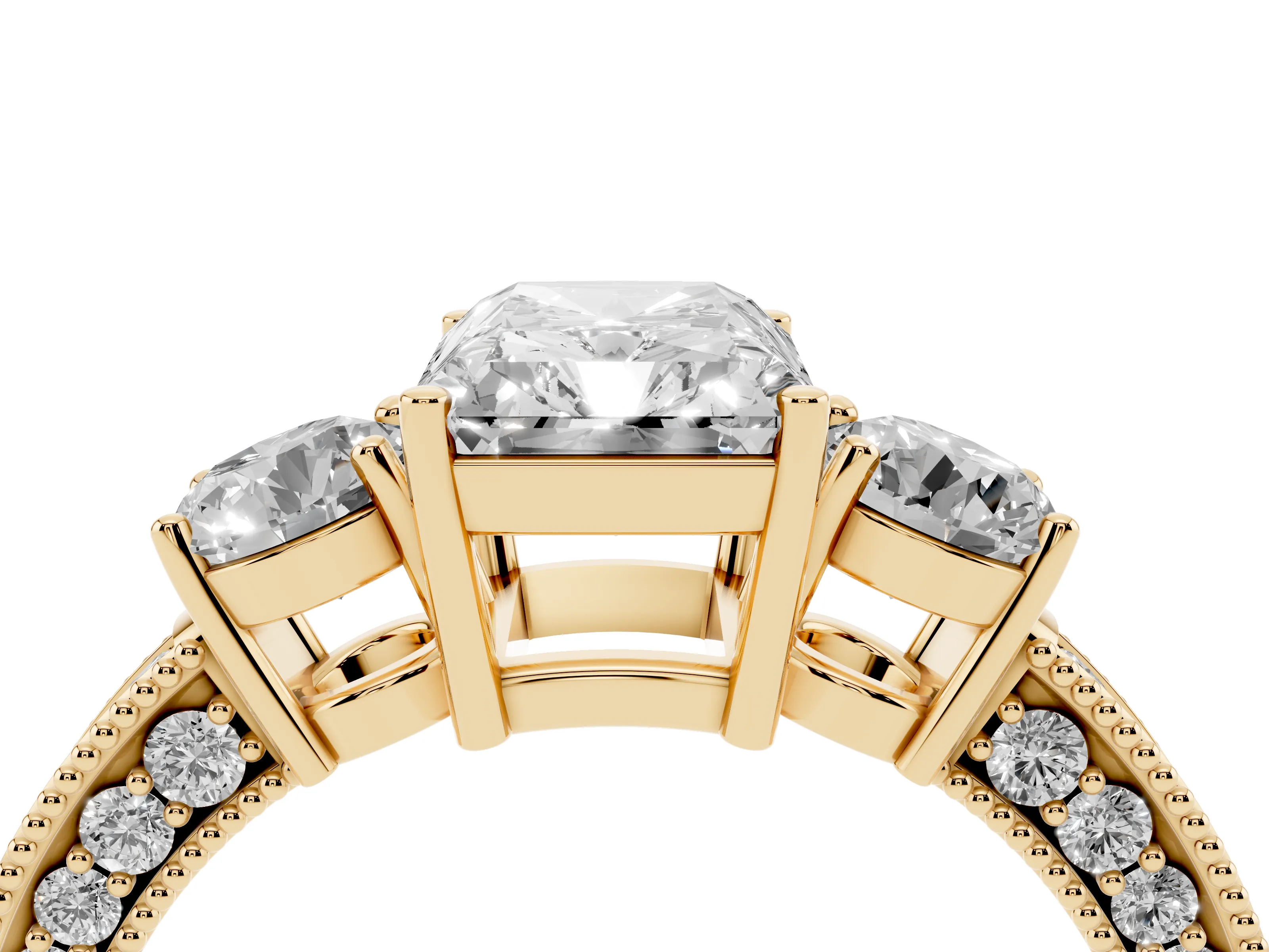 Radiant Cut Diamond Three-Stone Ring Set in Yellow gold with Round Side Stones and Pavé Band