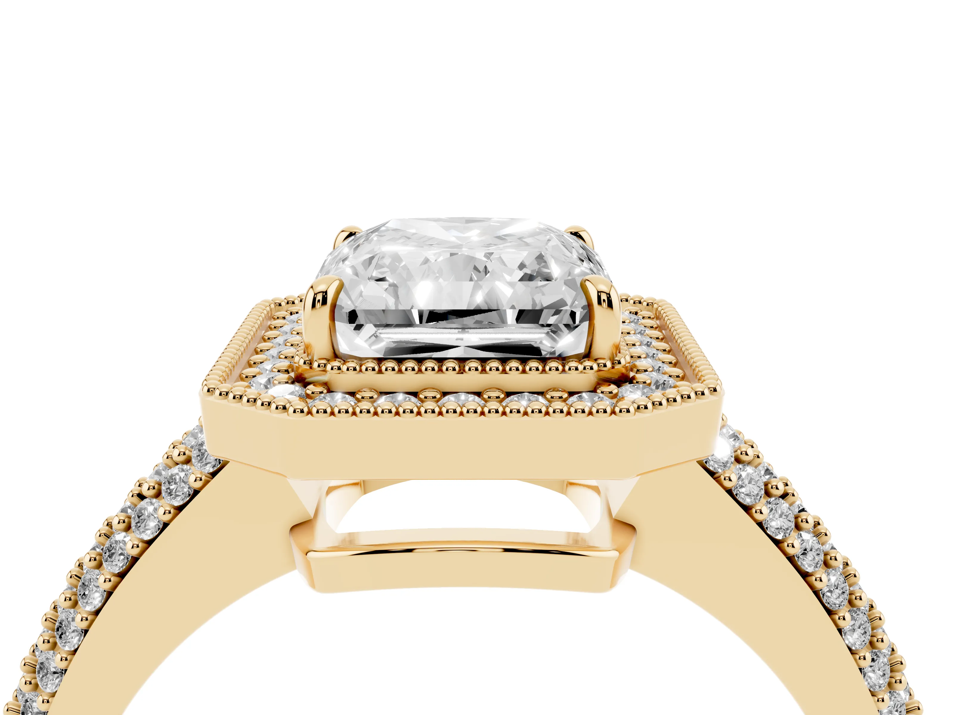 Radiant Cut Diamond Halo Pavé Band Set in Yellow gold with Prong Setting