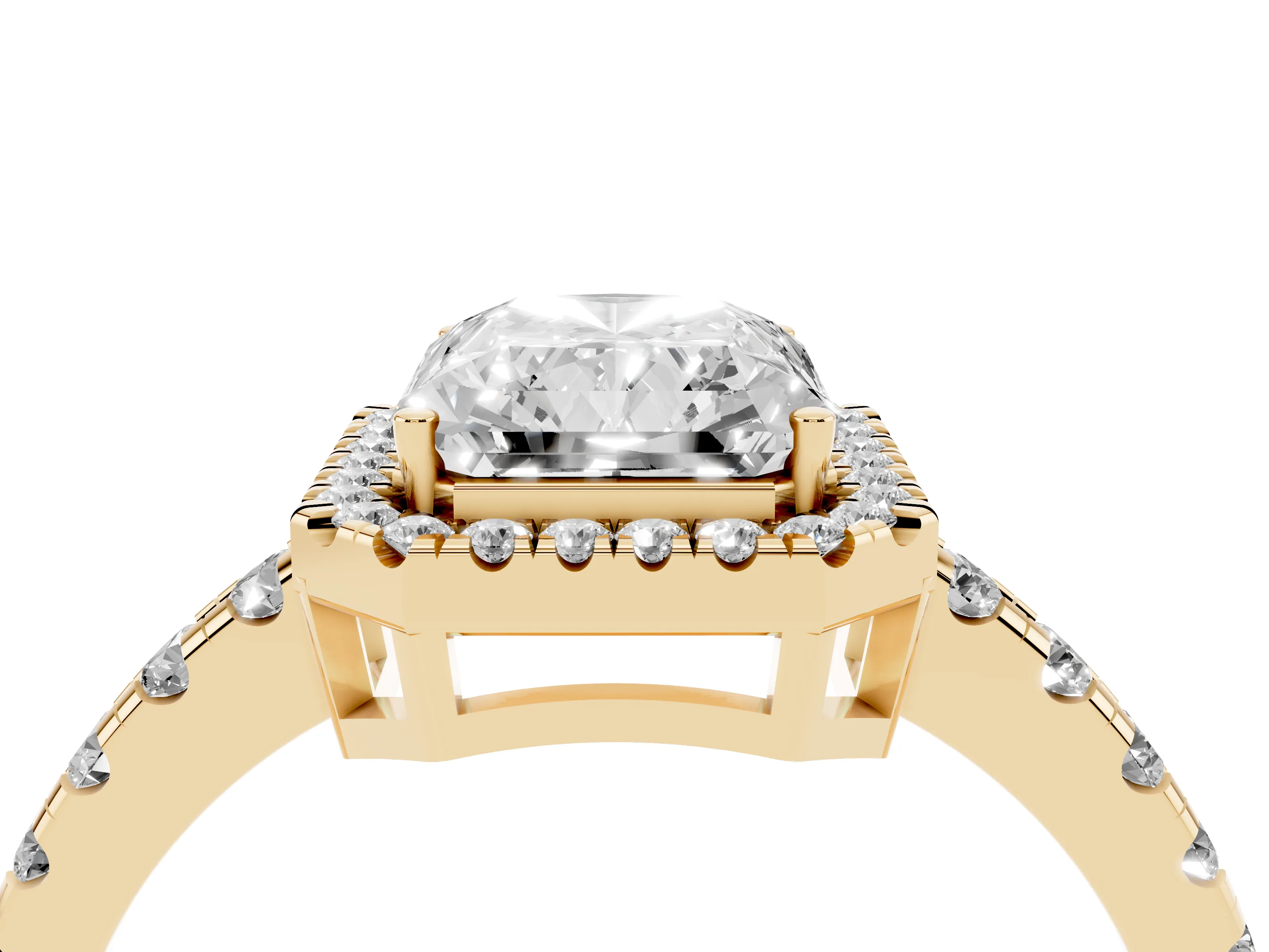 Radiant Cut Diamond Halo Ring Set in Yellow gold with Delicate Pavé Band and Prong Setting