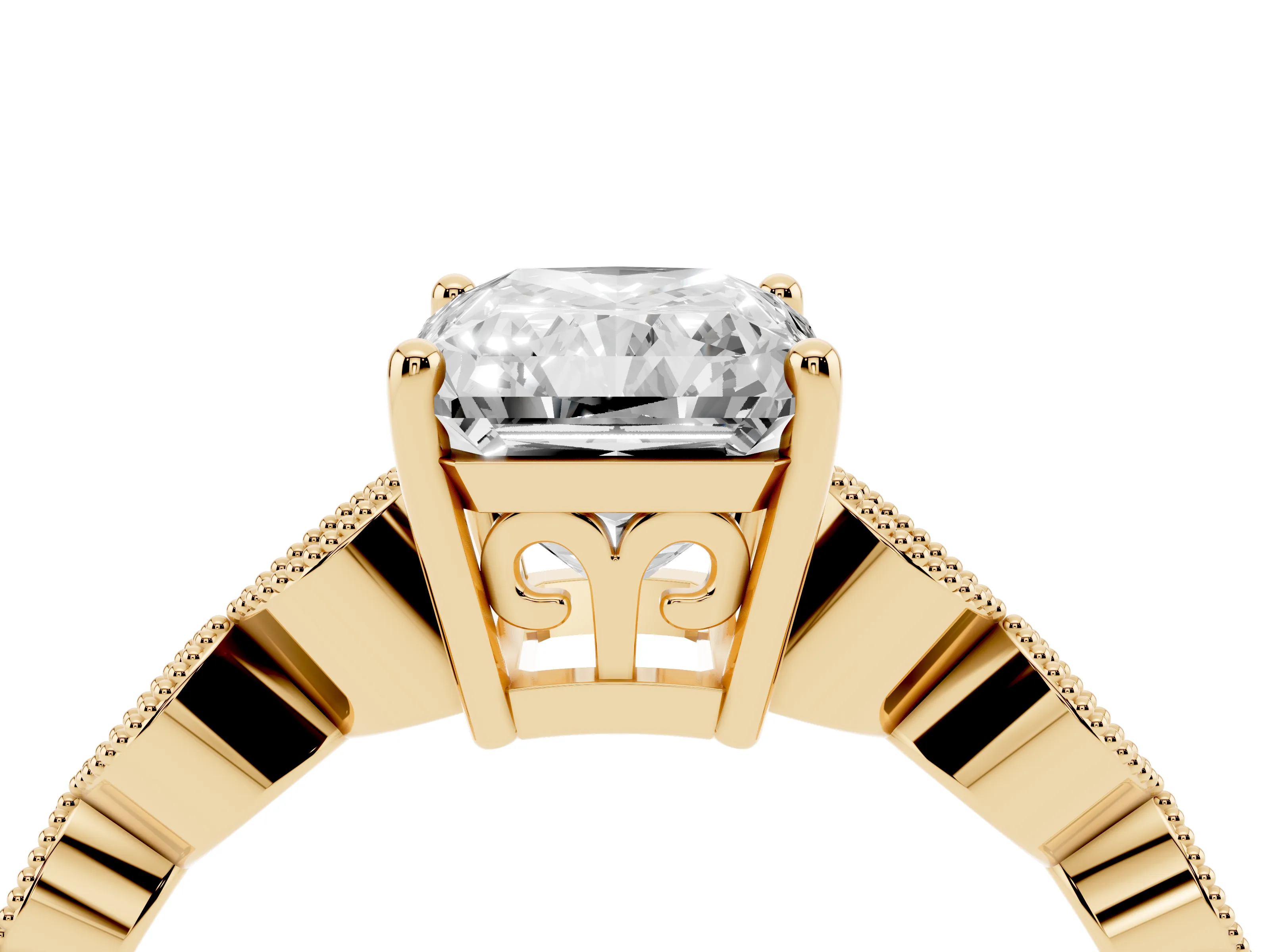 Radiant Cut Diamond Solitaire Ring Set in Yellow gold with Infinity Twist Pavé Band