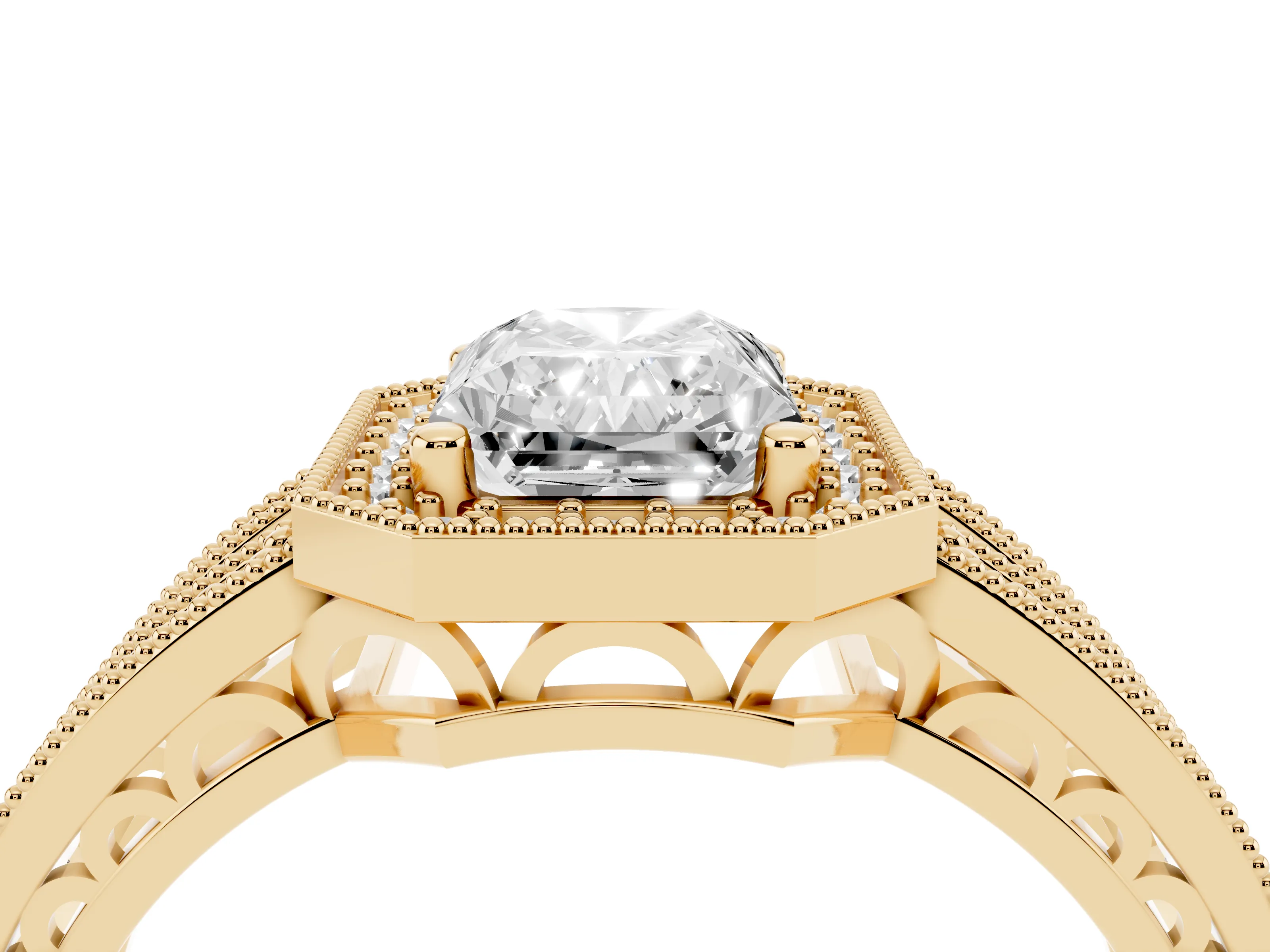 Radiant Cut Diamond Halo Ring Set in Yellow gold with Accent Split Shank and Prong Setting