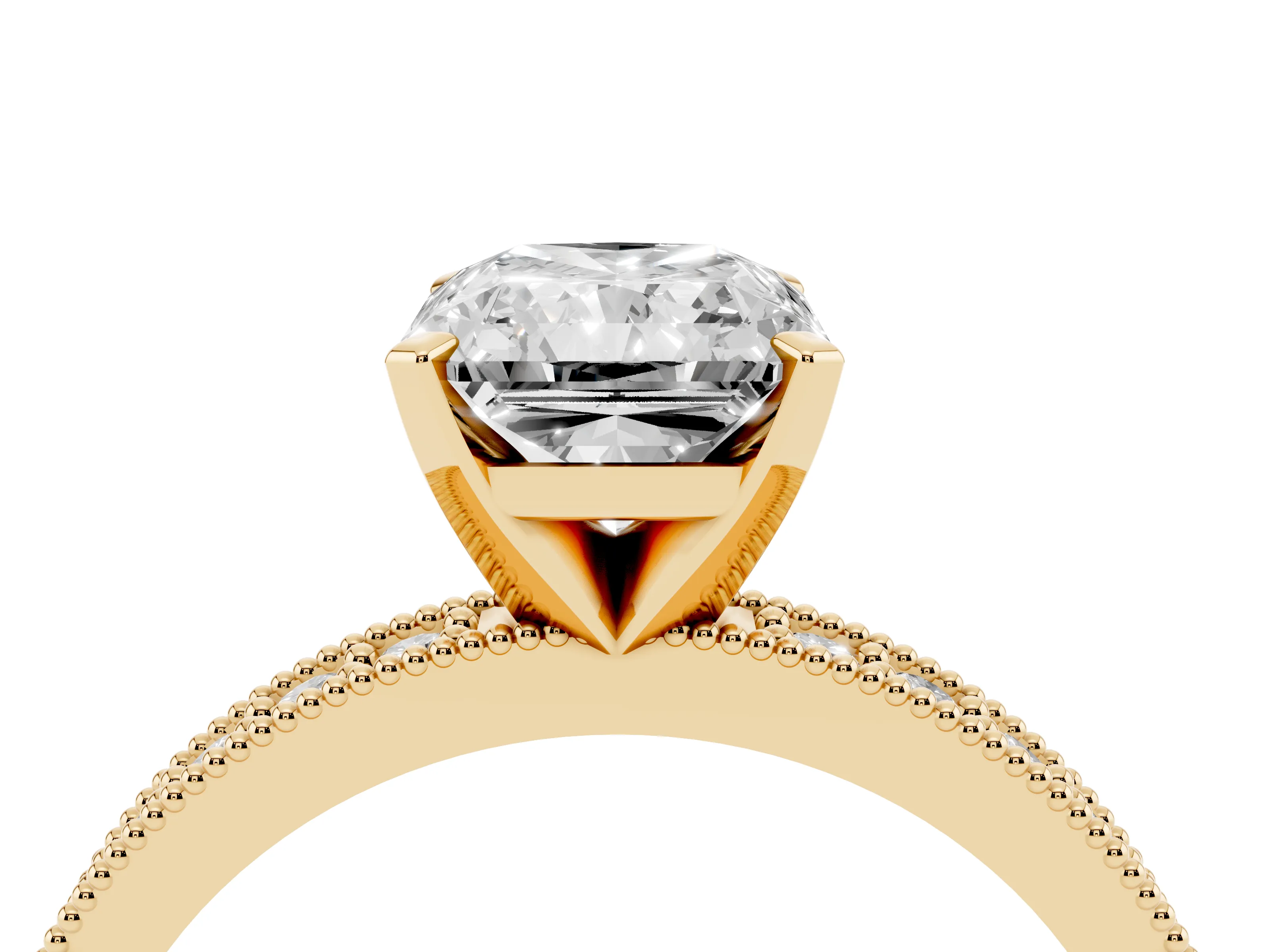 Radiant Cut Diamond Milgrain Pavé Engagement Ring Set in Yellow gold with Prong Setting