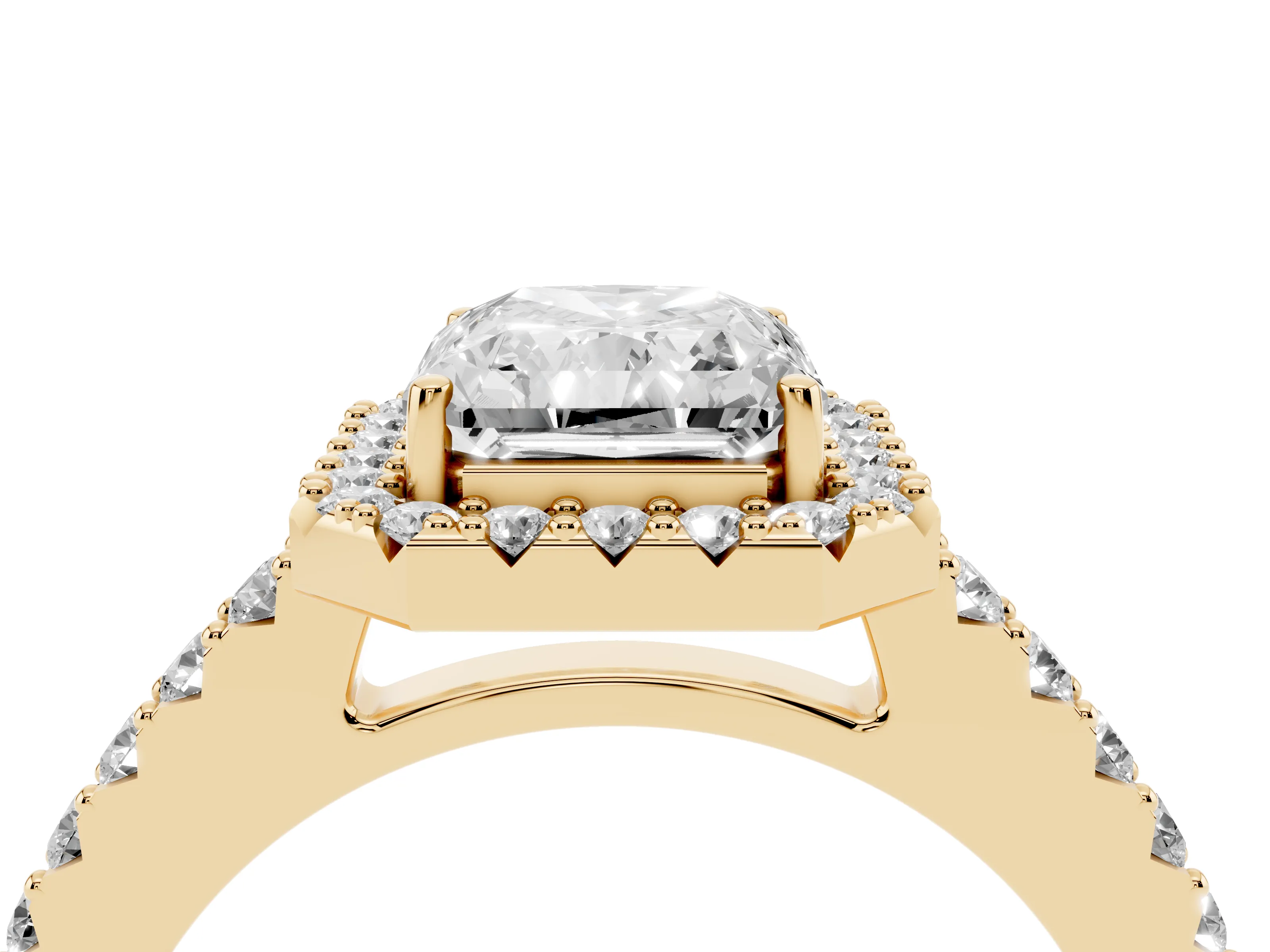 Radiant Cut Diamond Halo Pavé Solitaire Ring Set in Yellow gold with Prong-Set Center Stone