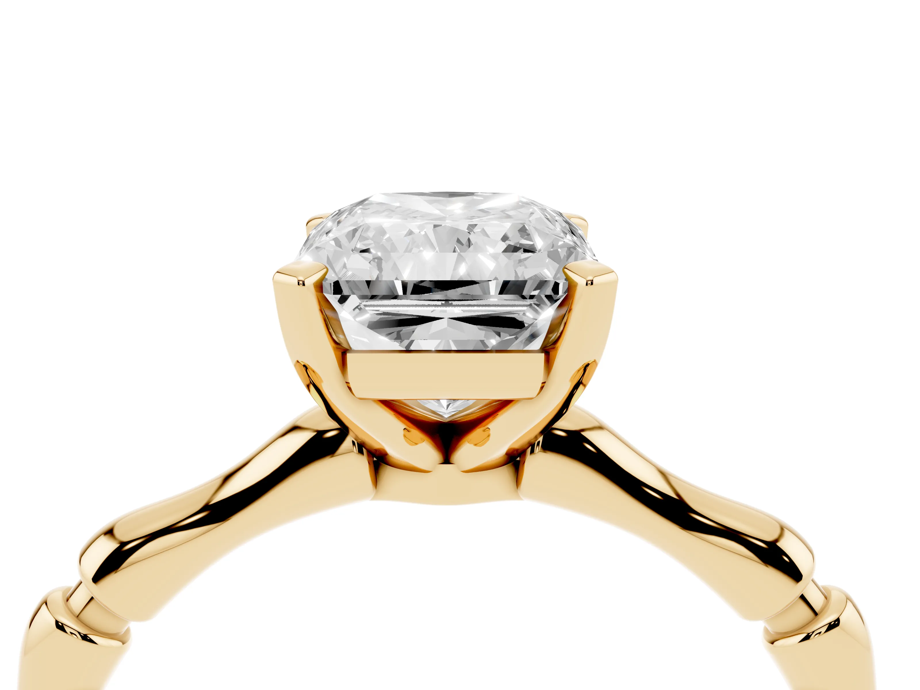 Radiant Cut Diamond Solitaire Ring Set in Yellow gold with Bamboo Band and Prong Setting