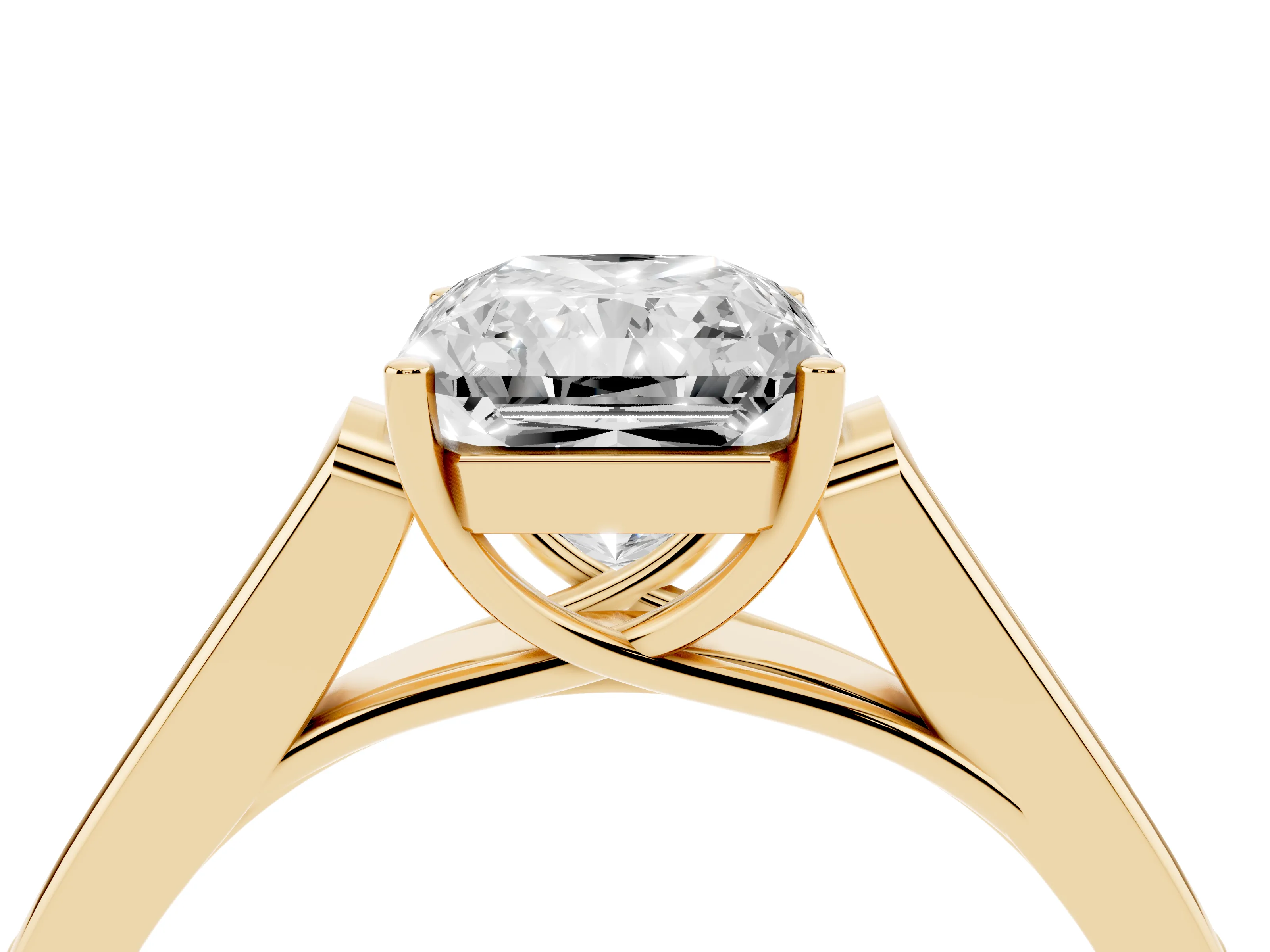 Radiant Cut Diamond Solitaire Cathedral Engagement Ring Set in Yellow gold with Channel-Set Band and Prong Setting