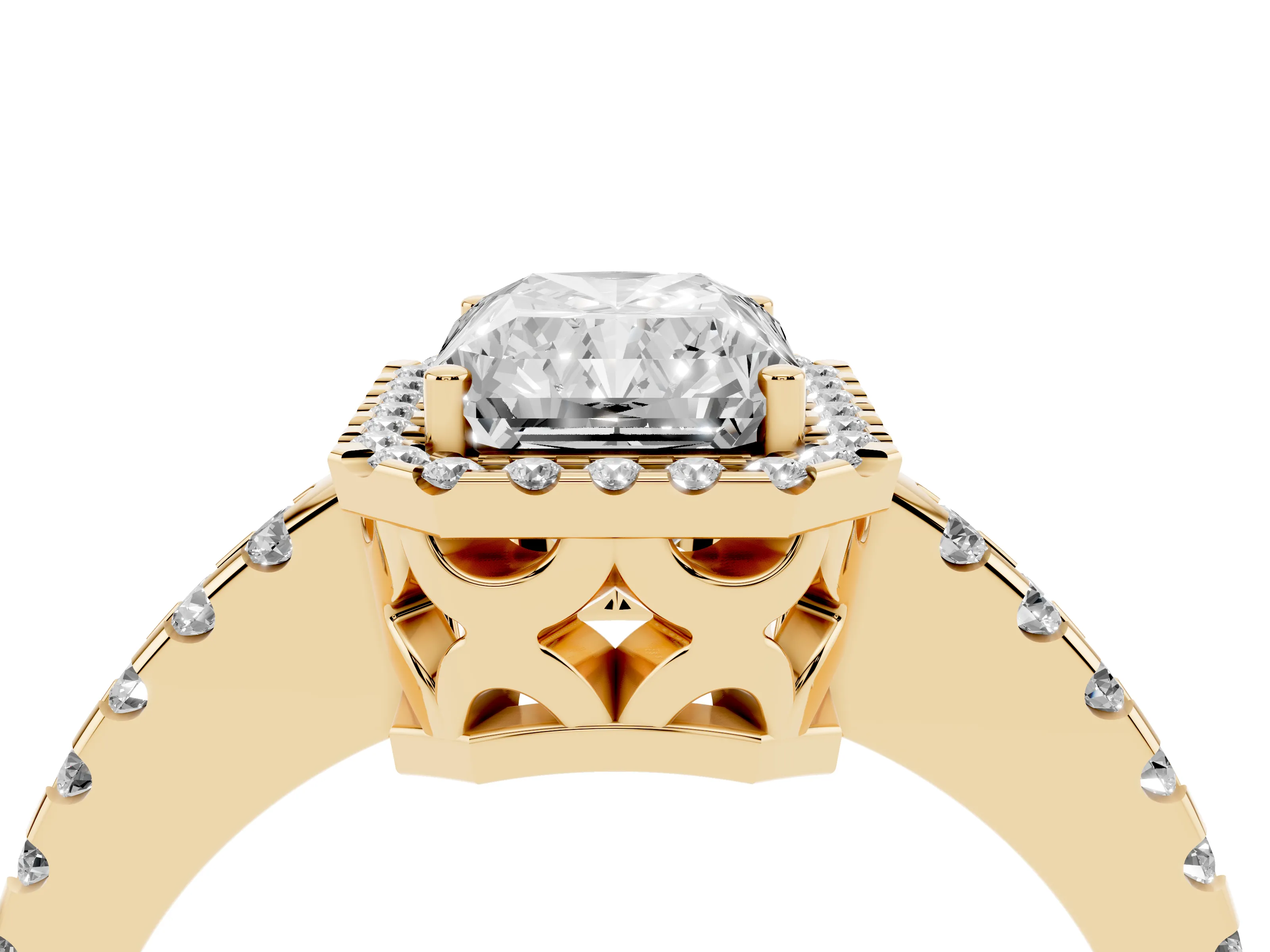 Radiant Cut Diamond Halo Ring Set in Yellow gold with Pavé Shoulders and Halo-Framed Center