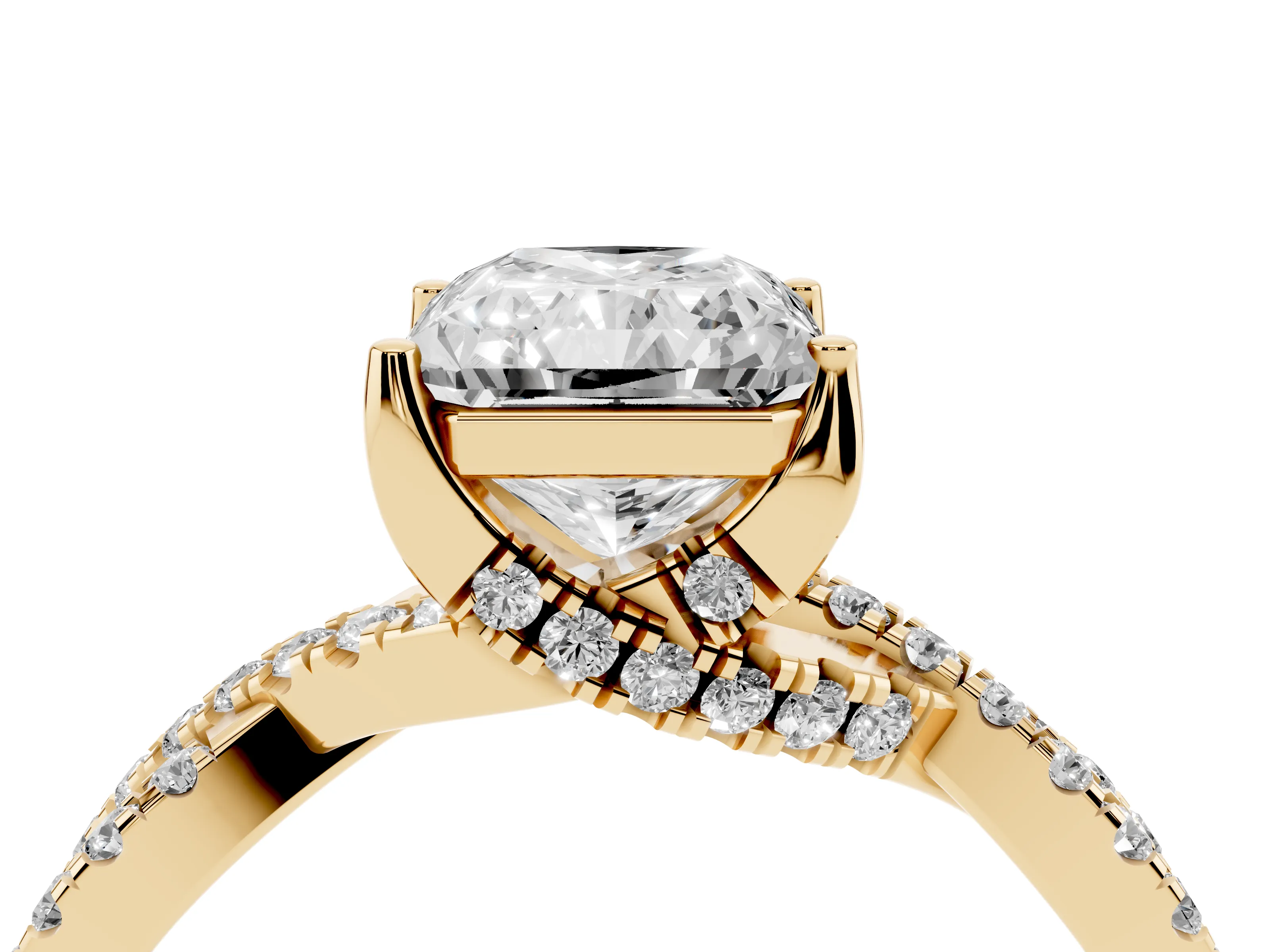 Radiant Cut Diamond Twist Pavé Solitaire Engagement Ring Set in Yellow gold with Prong Setting