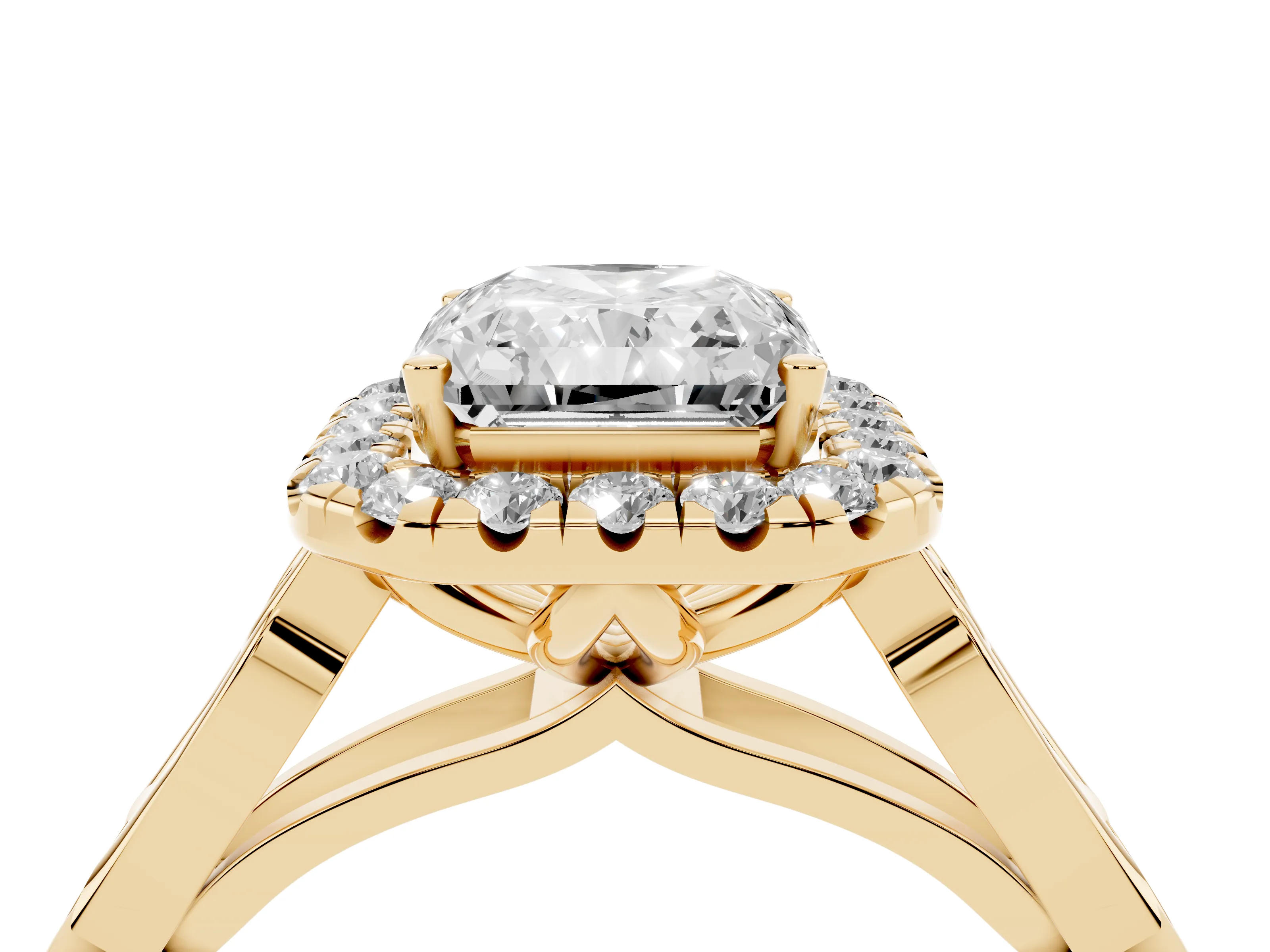 Radiant Cut Diamond Halo Engagement Ring Set in Yellow gold with Filigree Band and Prong-Set Center