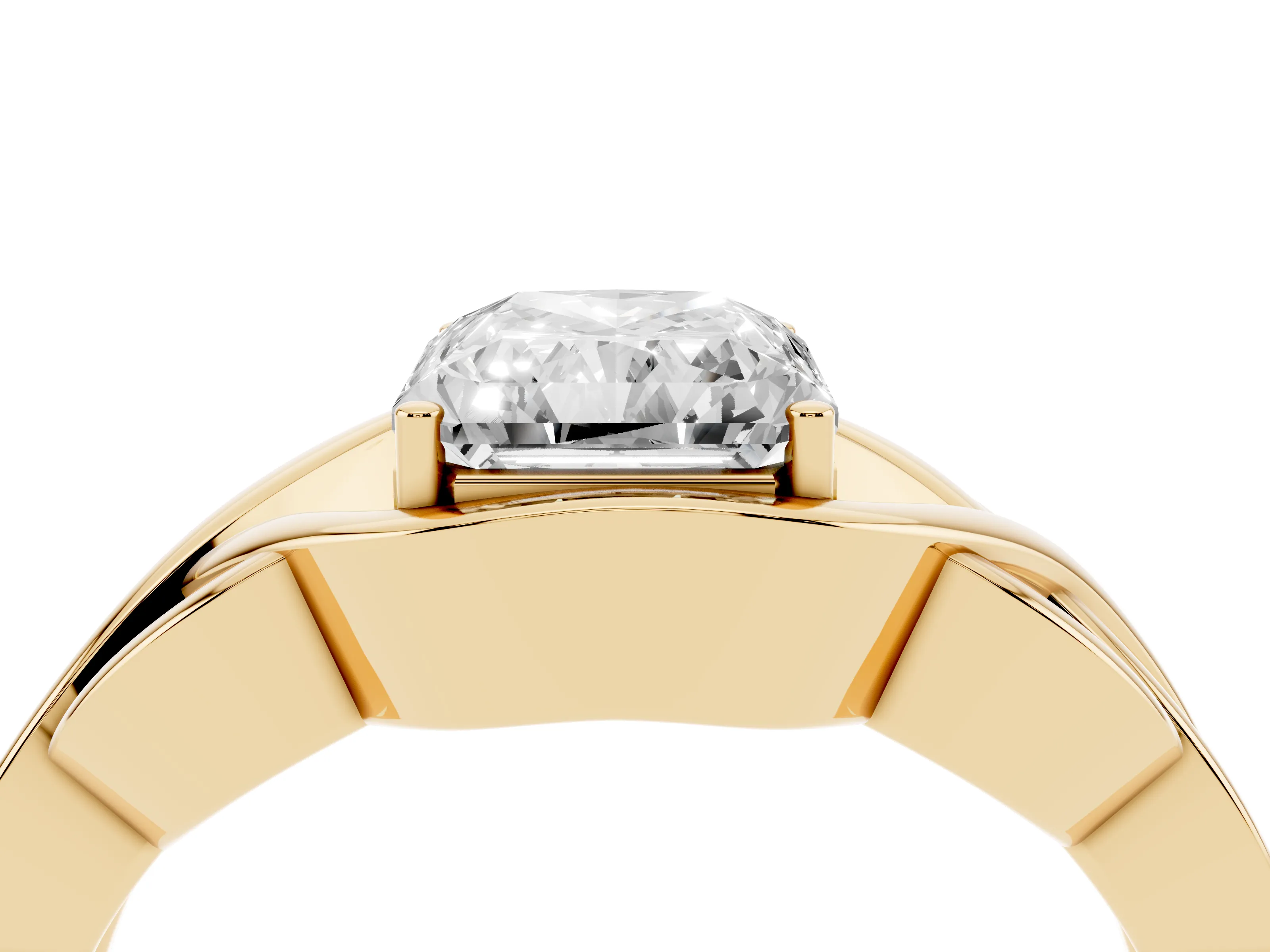 Radiant Cut Diamond Solitaire Ring Set in Yellow gold with Intertwined Band