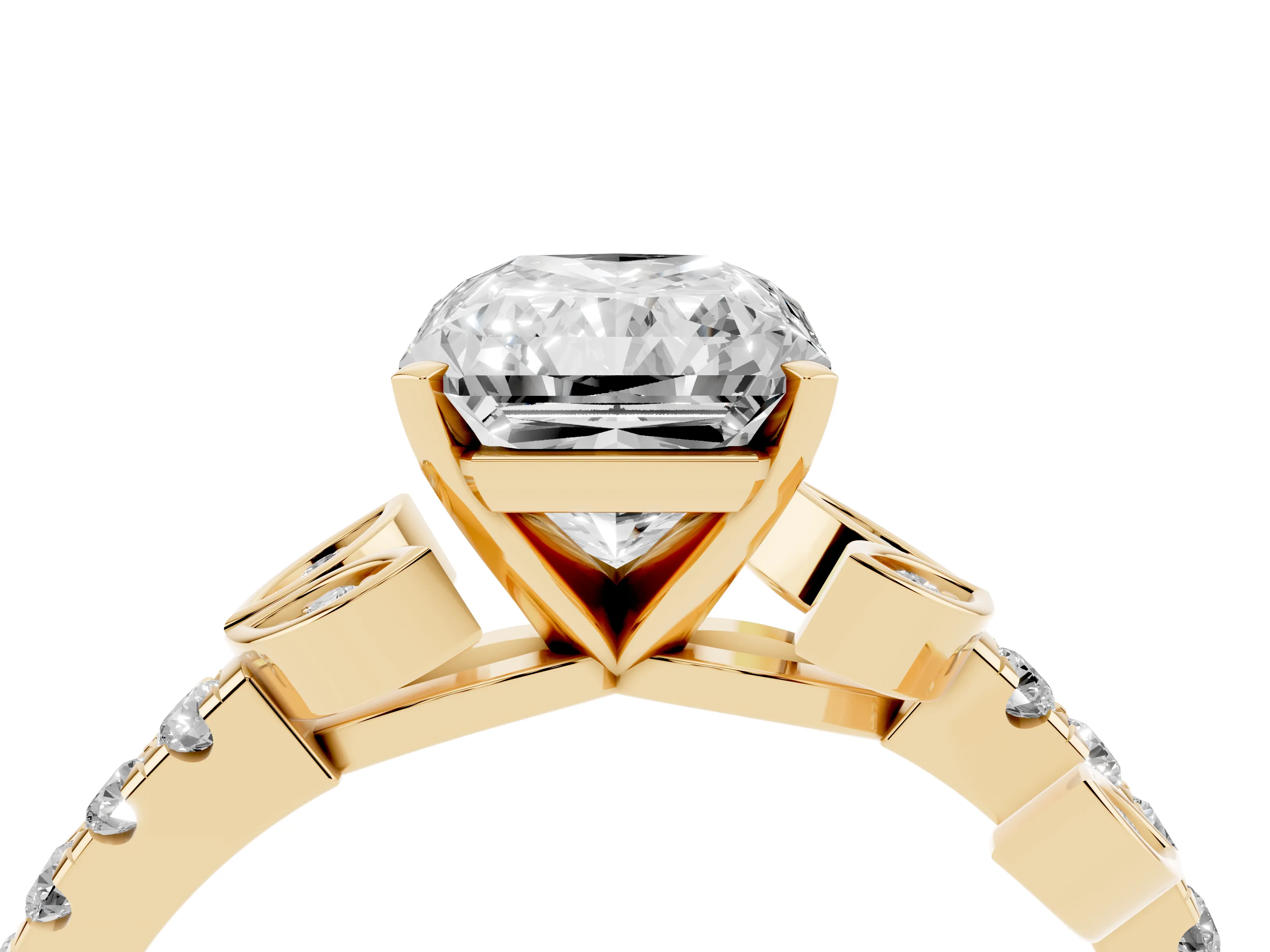 Radiant Cut Diamond Solitaire Leaf-Inspired Ring Set in Yellow gold with Pavé Band and Prong Setting