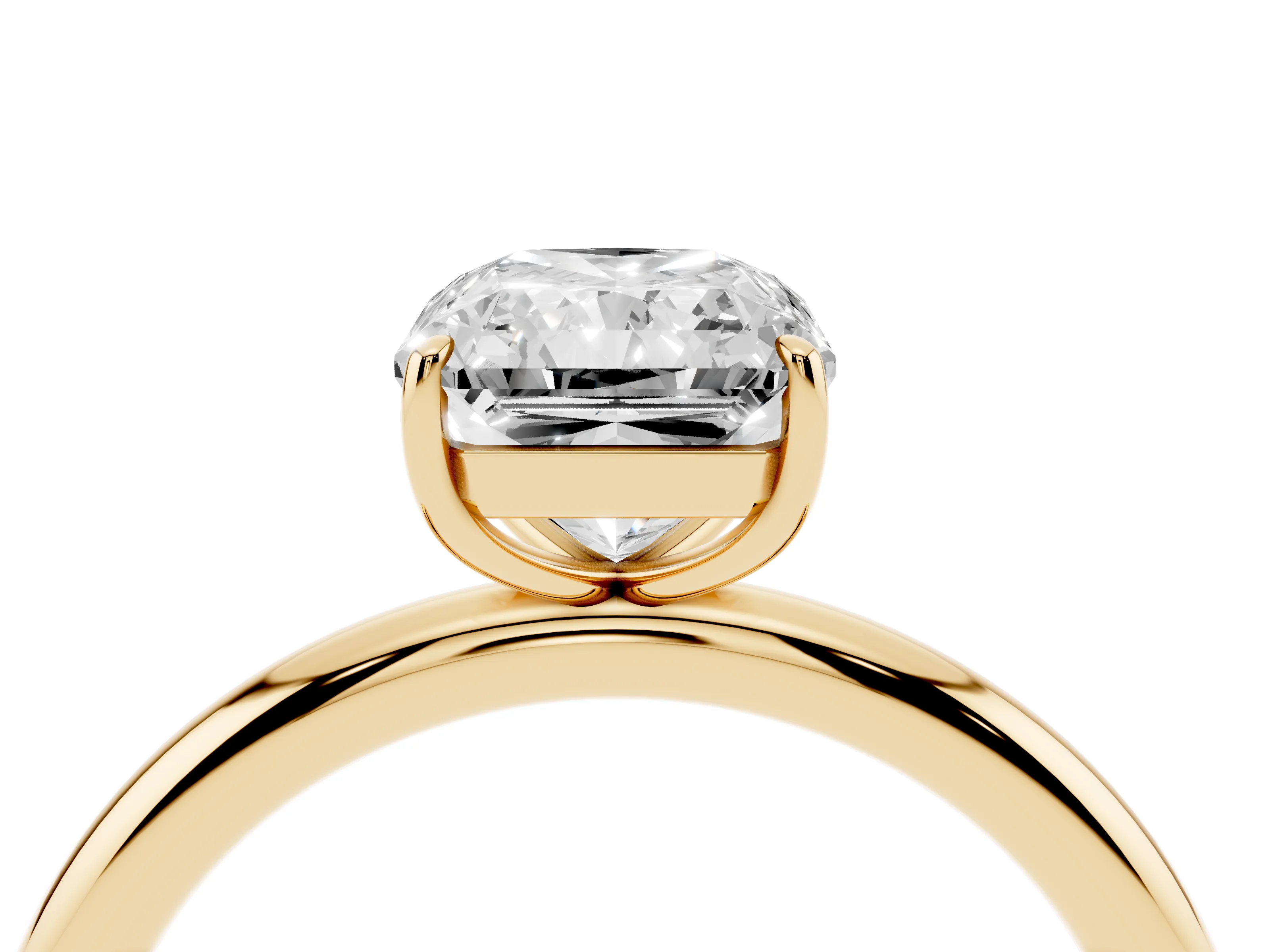 Radiant Cut Diamond Solitaire Ring Set in Yellow gold with Prong Setting on a Polished Plain Band