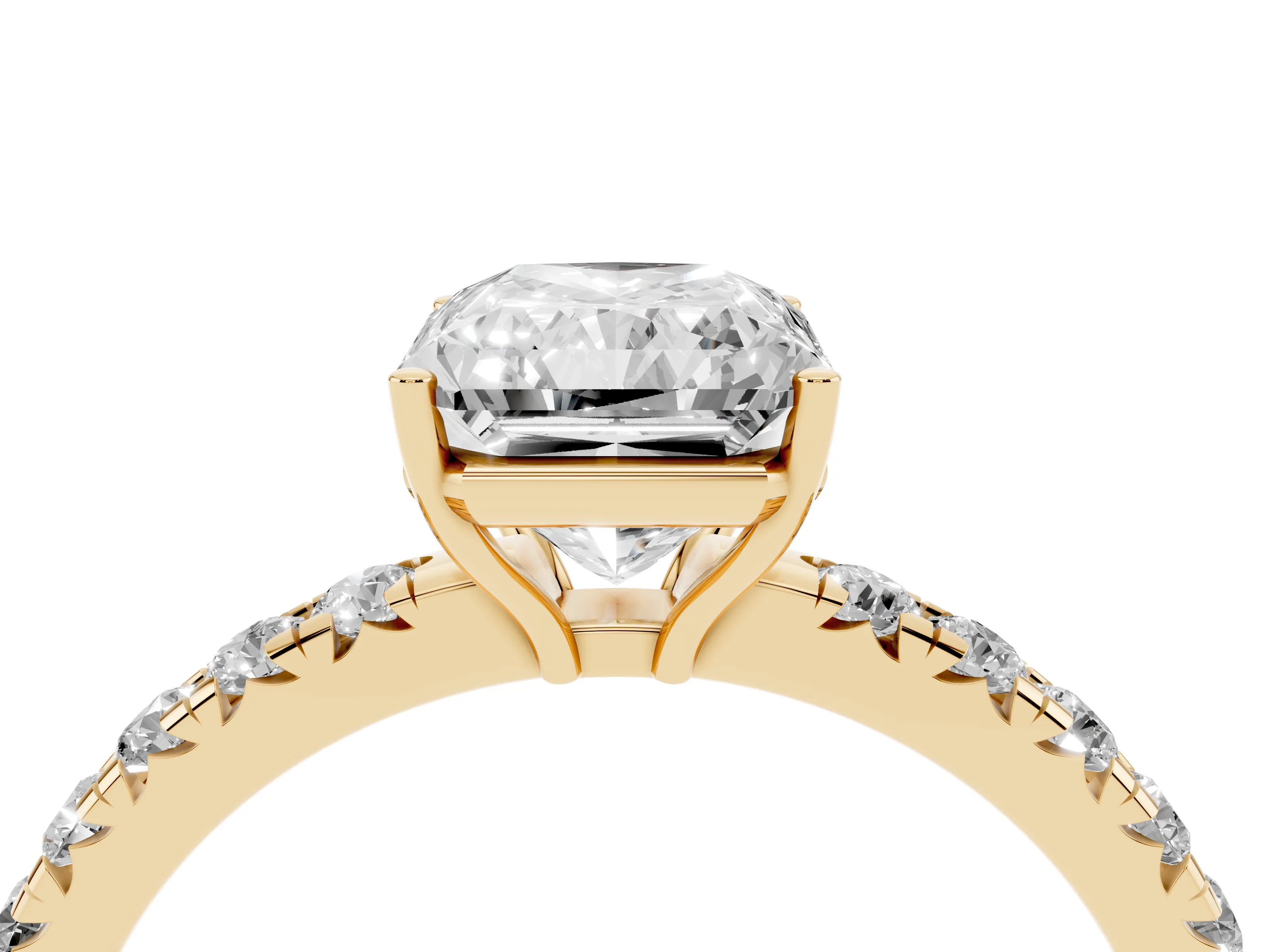 Radiant Cut Diamond Pavé Solitaire Engagement Ring Set in Yellow gold with Prong Setting
