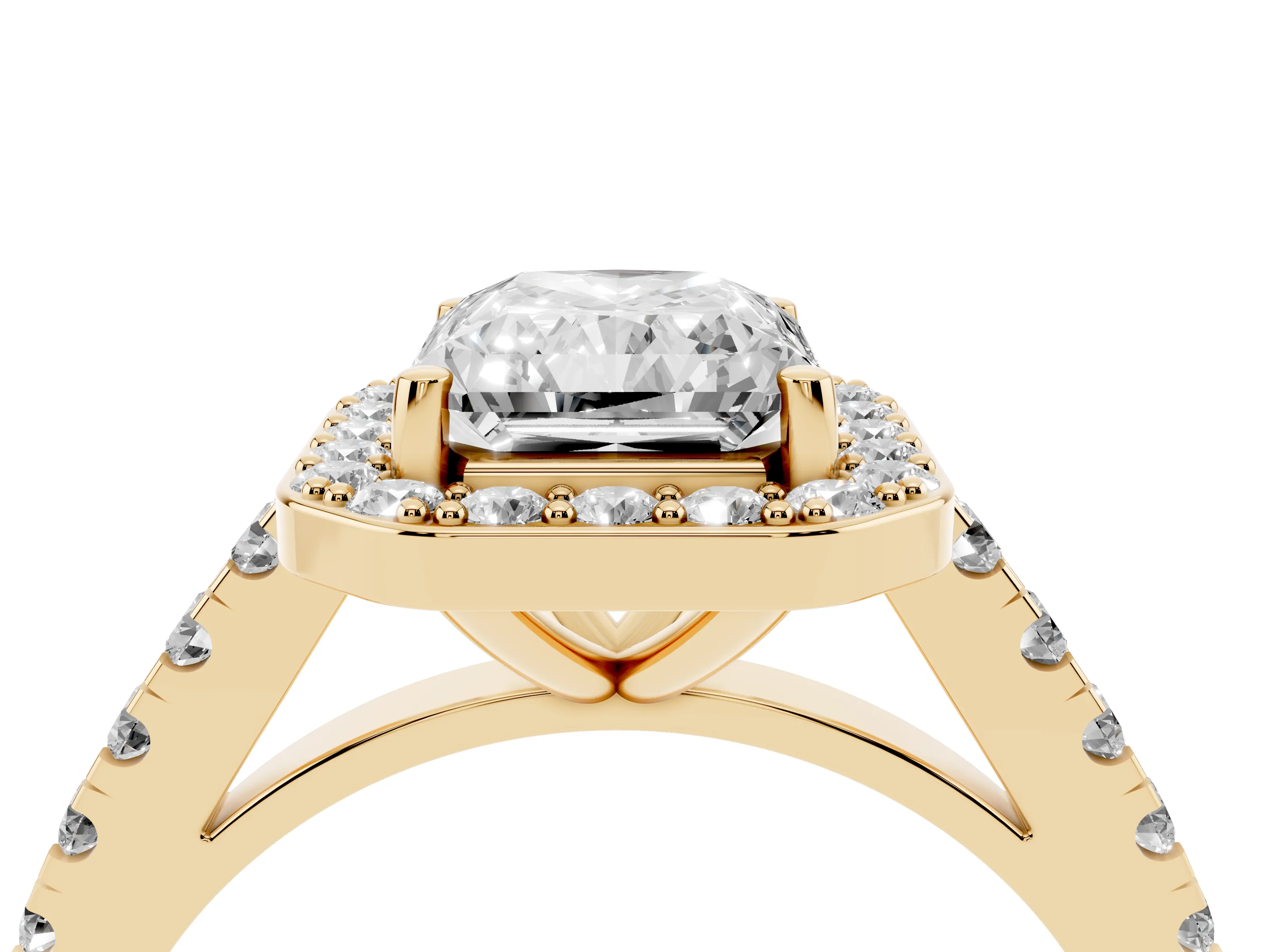 Radiant Cut Diamond Halo Ring Set in Yellow gold with Round Pavé Split Shank and Prong Setting