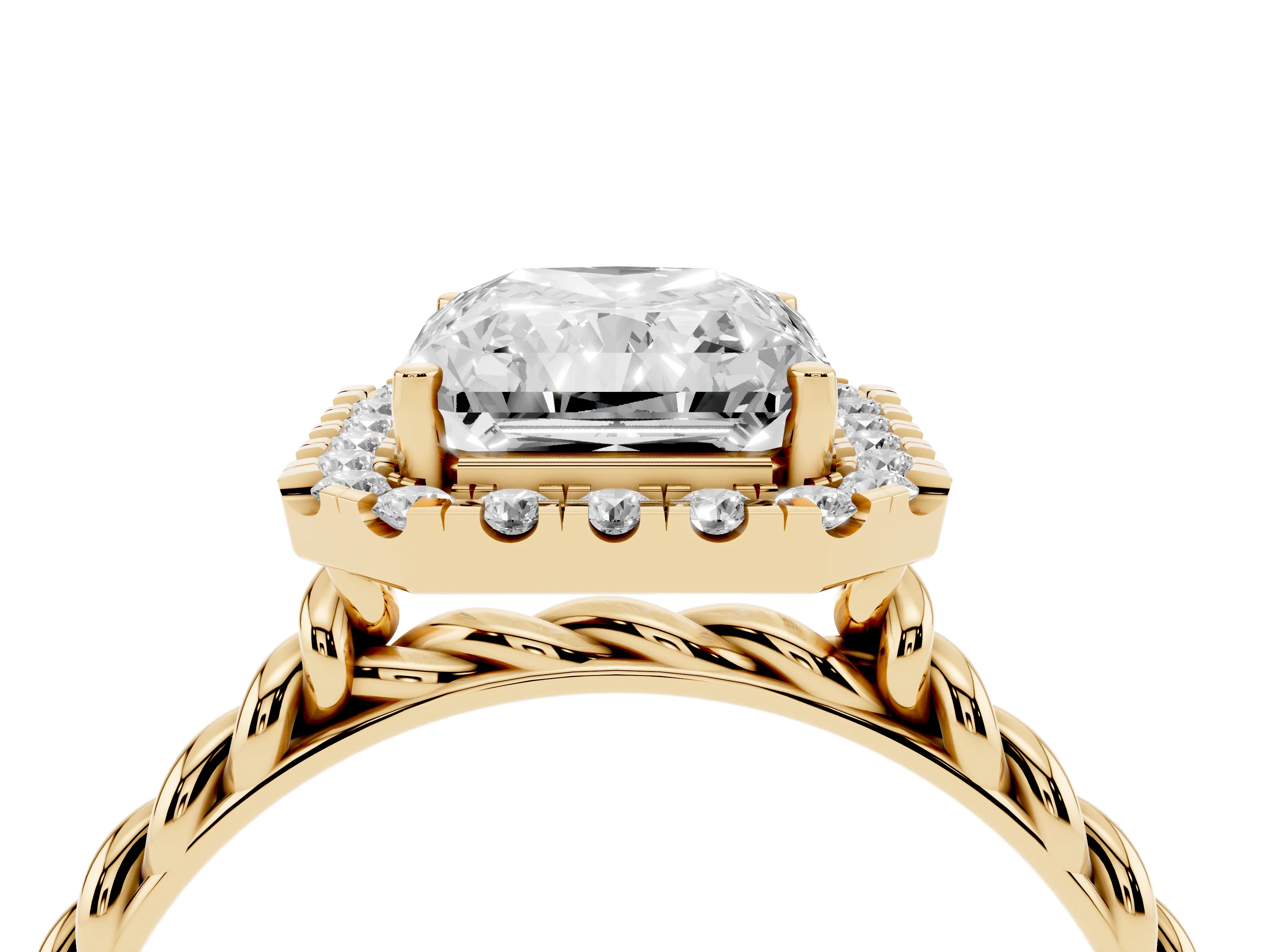 Radiant Cut Diamond Halo Ring Set in Yellow gold with Plain Twisted Band