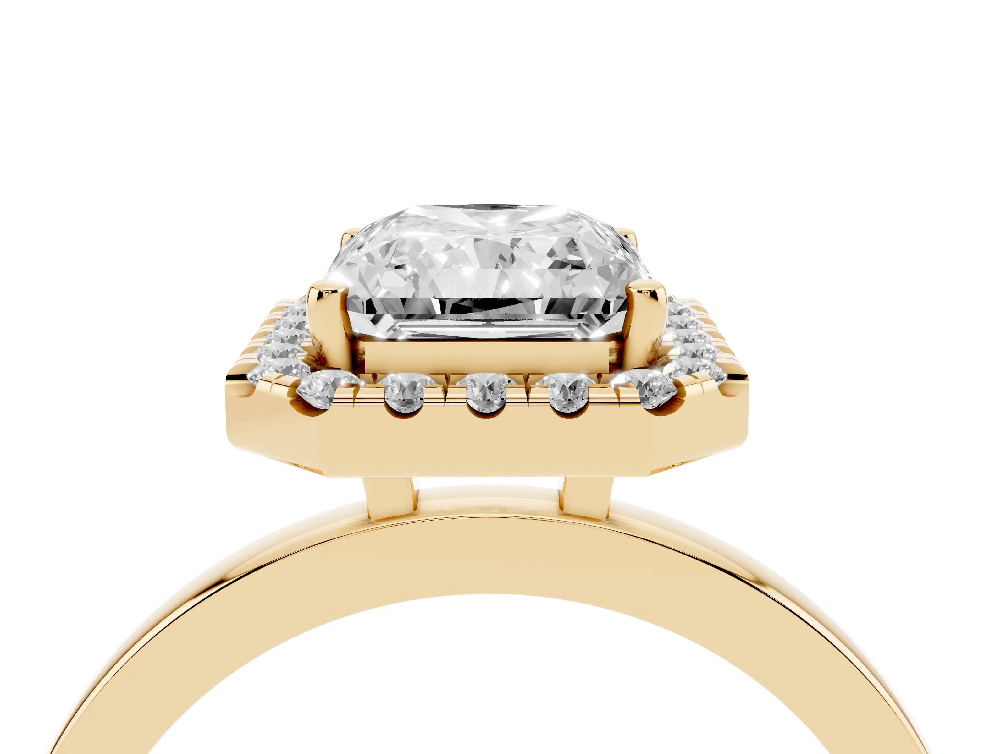Radiant Cut Diamond Halo Solitaire Ring Set in Yellow gold with Pavé Band and Prong Setting
