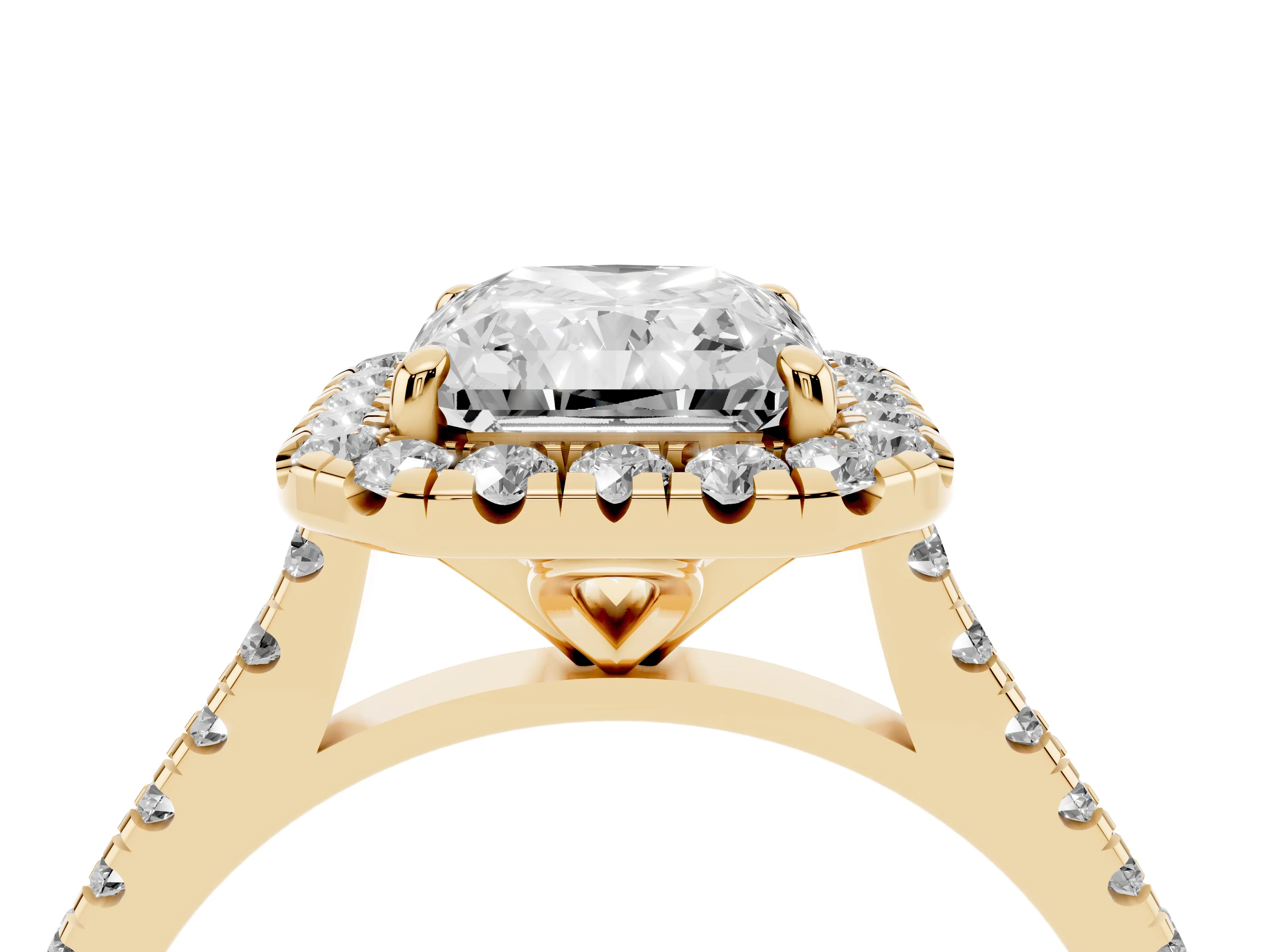 Radiant Cut Diamond Cushion Halo Ring Set in Yellow gold with Pavé Band